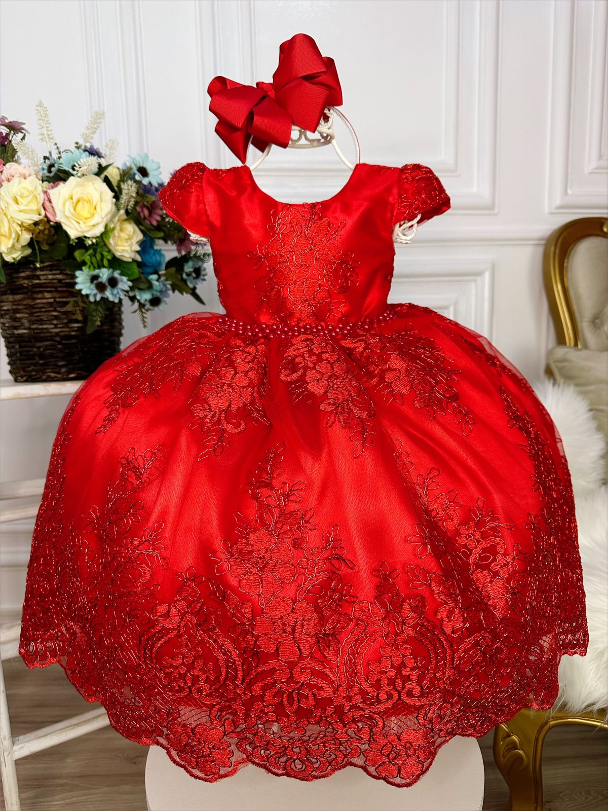 Vestido Infantil Vermelho C/ Renda Realeza e Cinto Pérolas