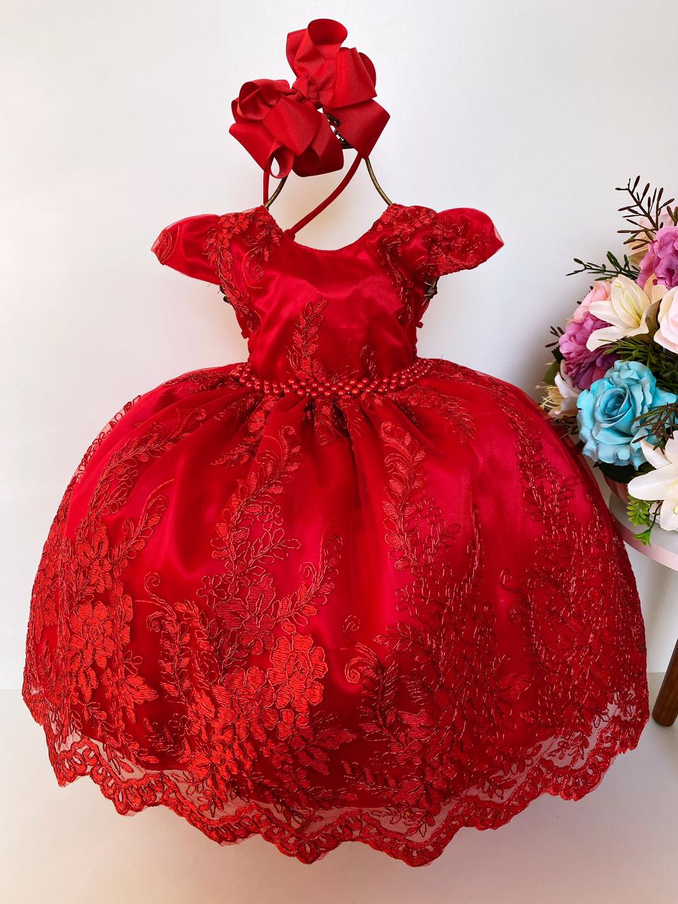 Vestido Infantil Vermelho Renda Realeza e Cinto Pérolas Luxo