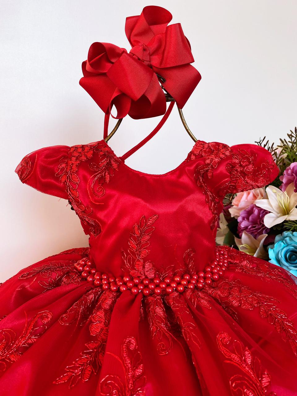 Vestido Bebê Vermelho Renda Princesa Realeza Laço Babados