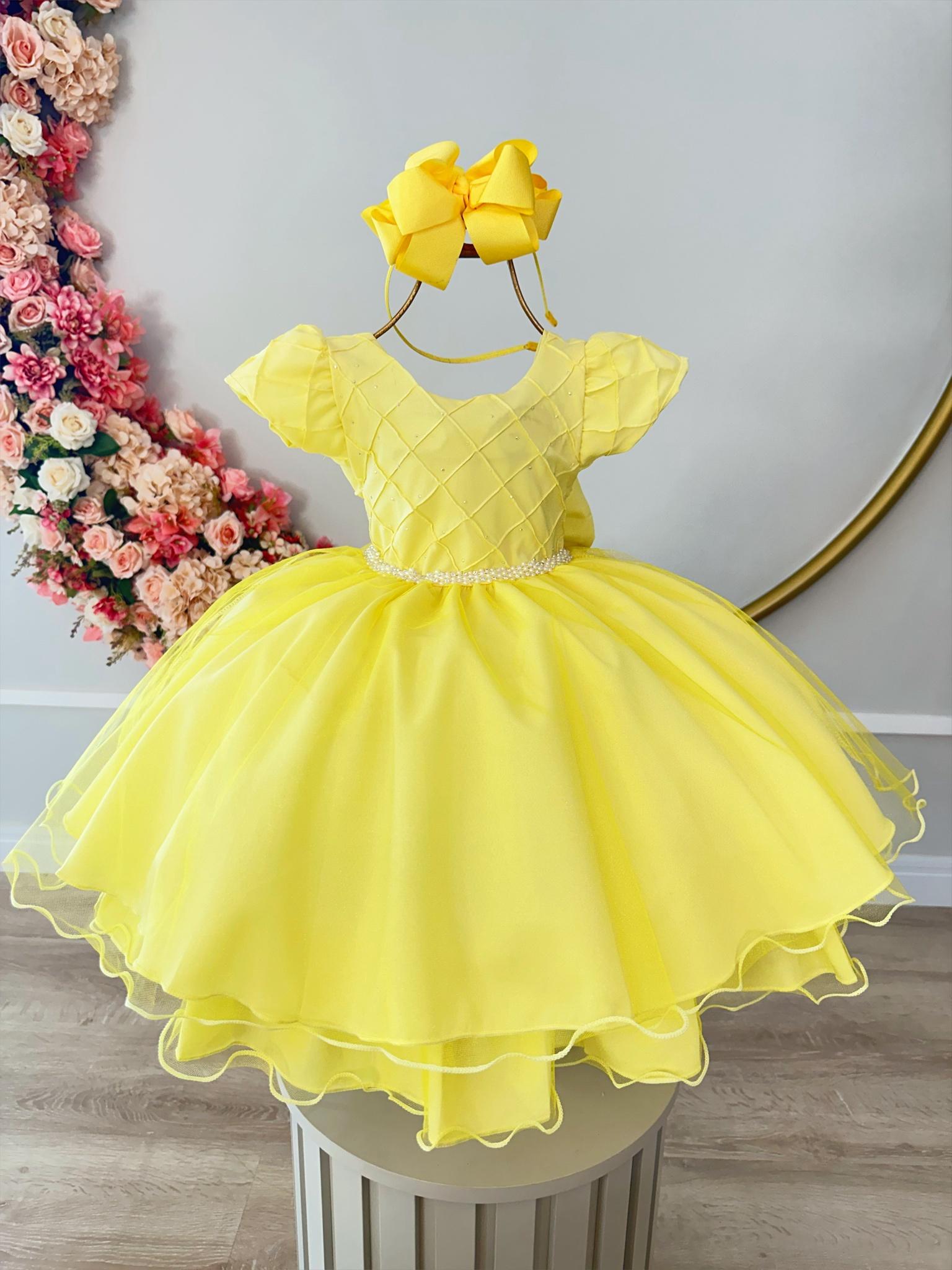 Vestido Infantil Amarelo Saia Organza e Busto Nervura Strass