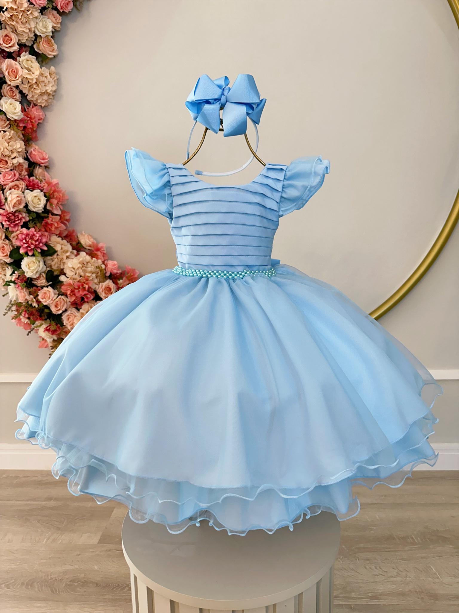 Vestido Infantil Azul Bebê Busto Plissado C/ Pérolas Festas