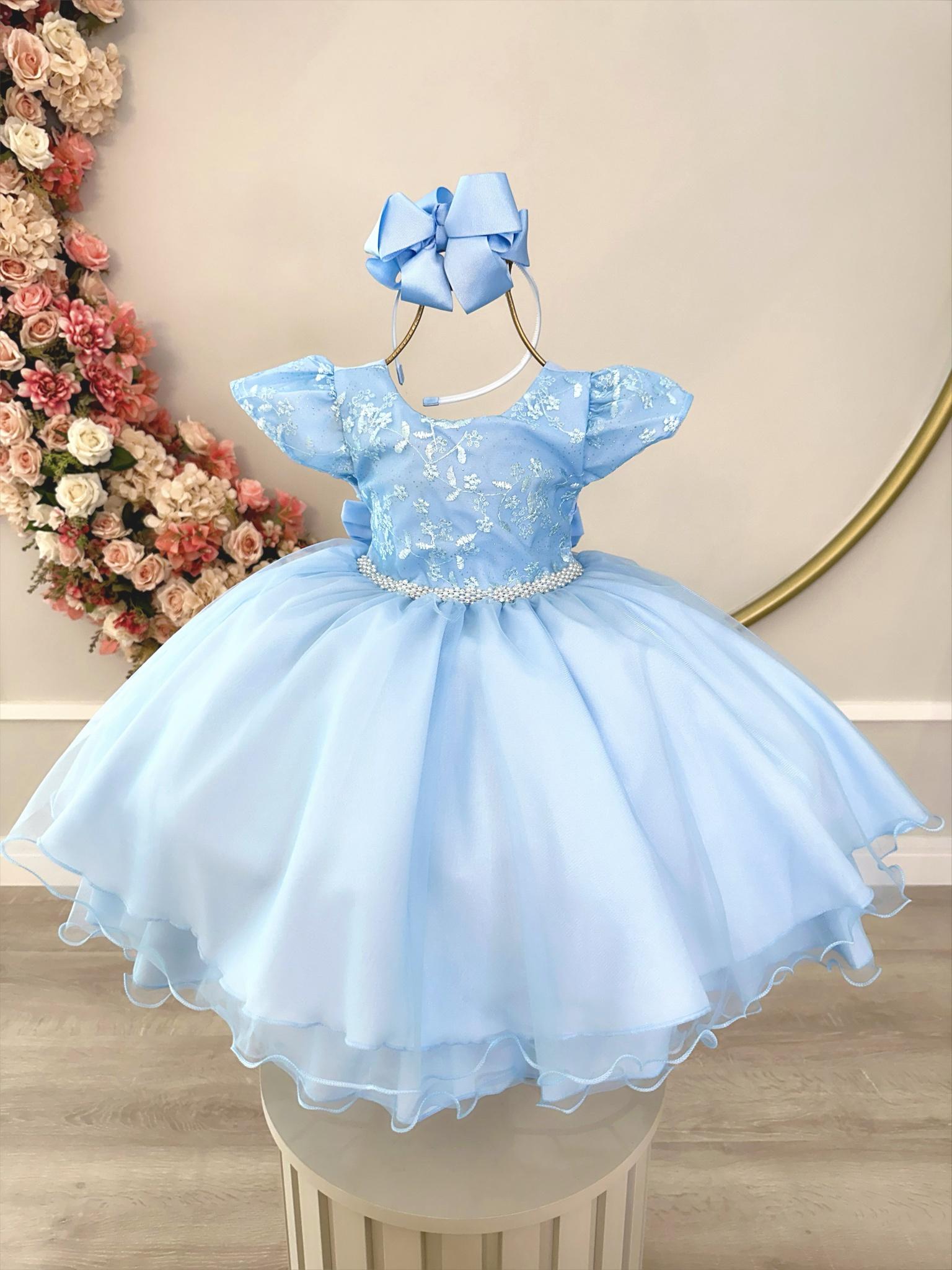 Vestido Infantil Azul Bebê C/ Renda e Cinto de Pérolas Festas