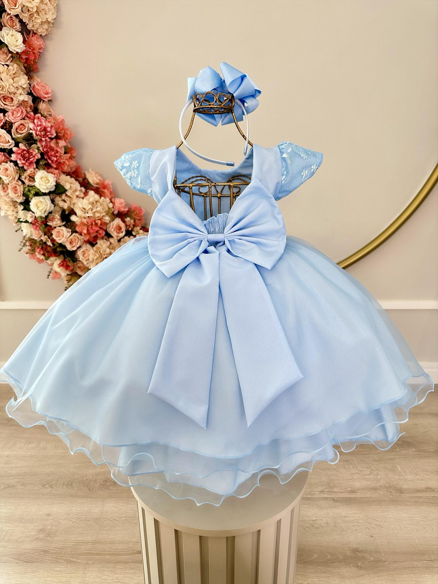 Vestido Infantil Azul Bebê C/ Renda e Cinto de Pérolas Festas - Rosa ...