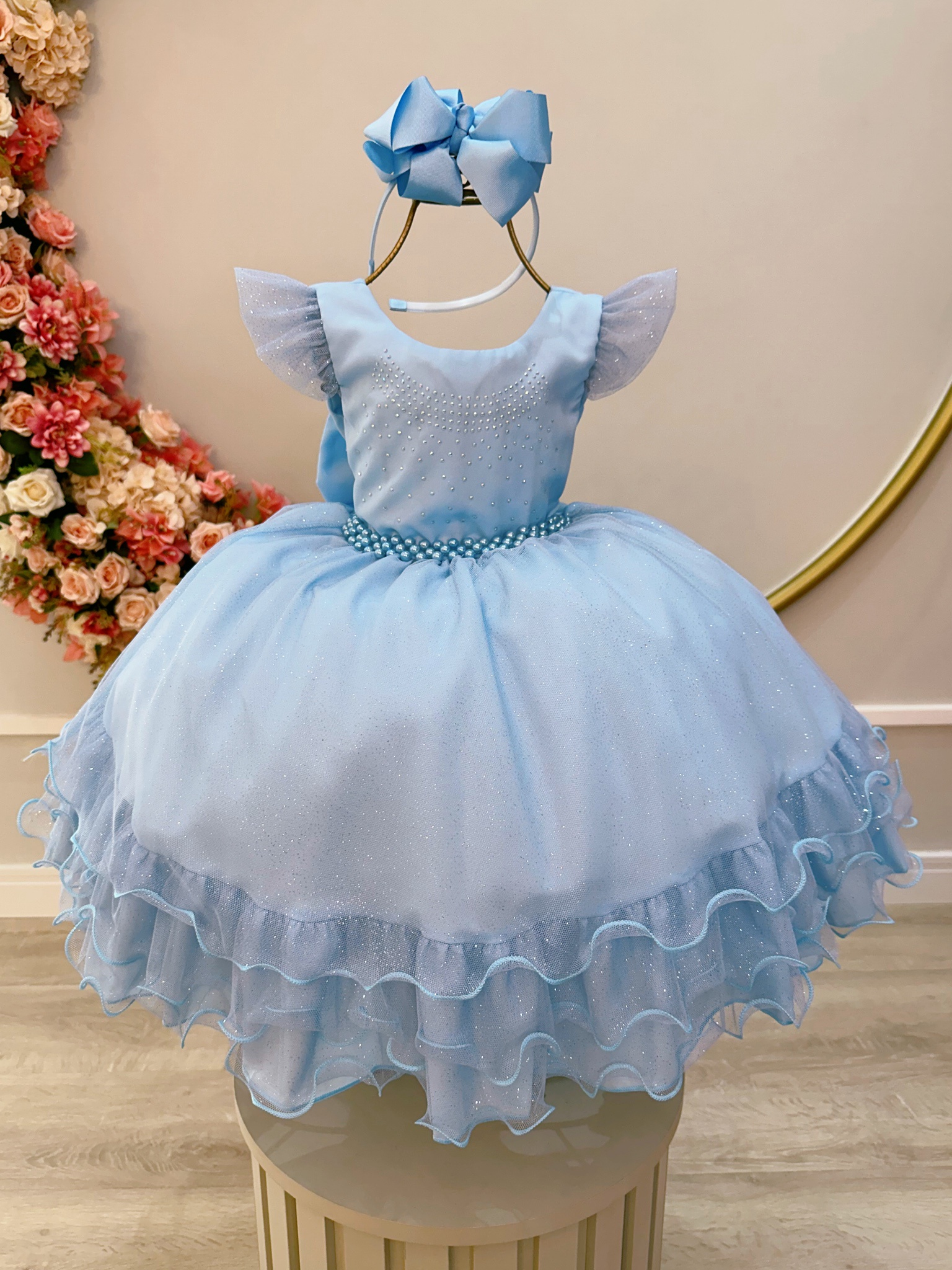 Vestido Infantil Azul C/ Busto Strass Saia Babados Glitter