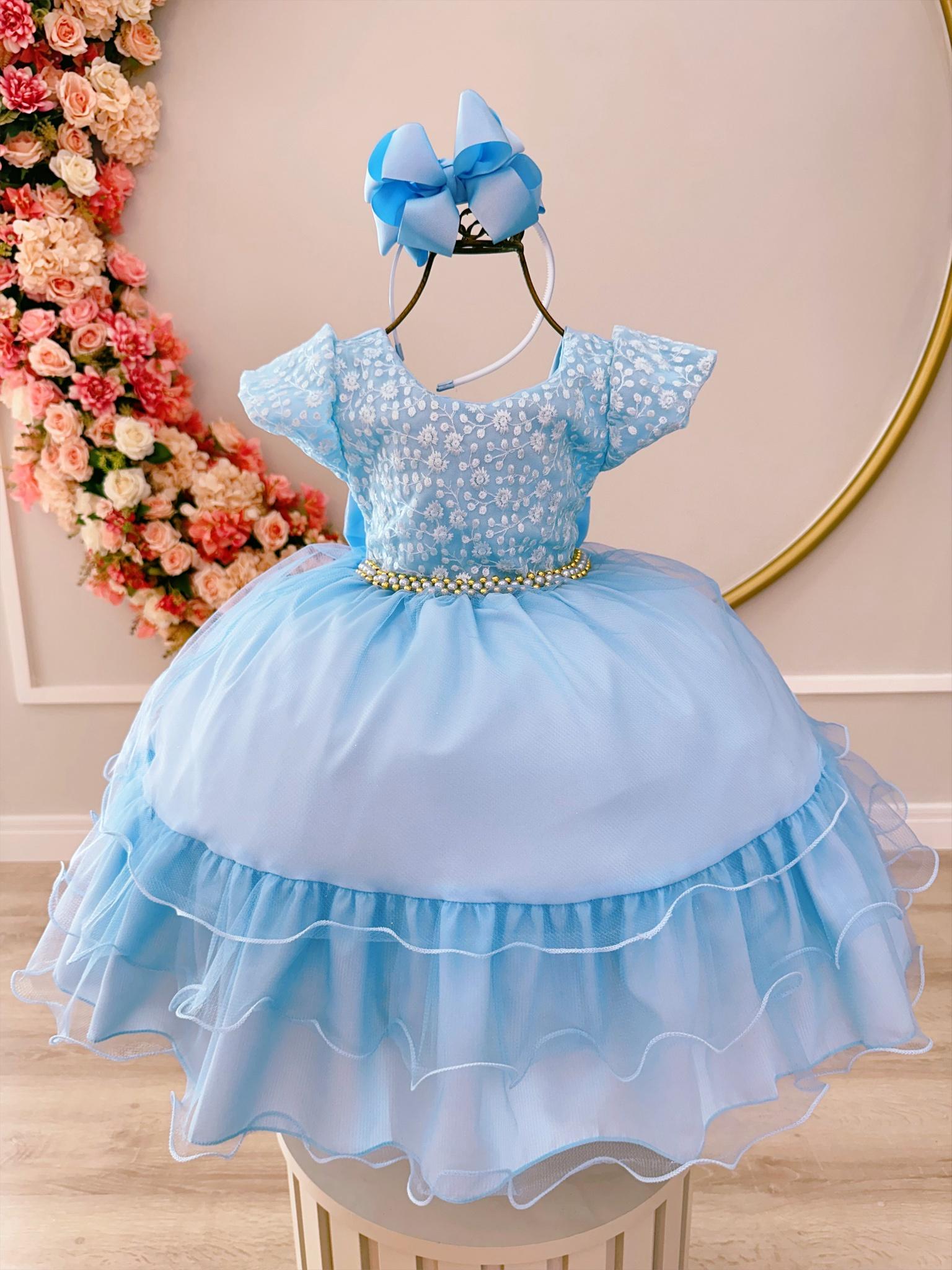 Vestido Infantil Azul Claro C/ Renda Cinto de Pérolas Festas