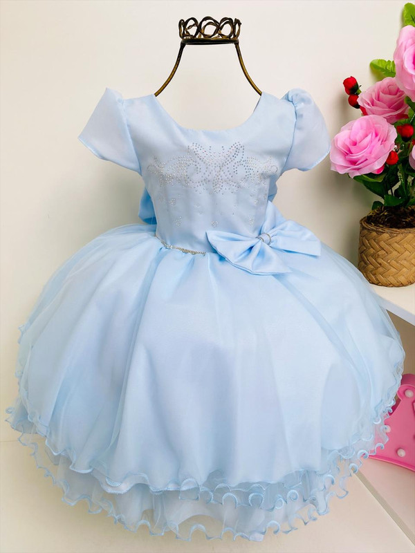 Vestido Infantil Azul Luxo Strass e Babados