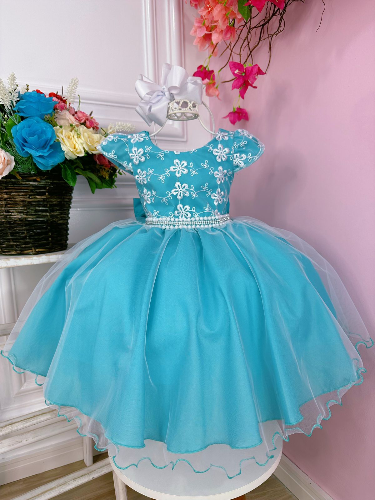 Vestido Infantil Azul C/ Cinto Pérolas Strass Luxo