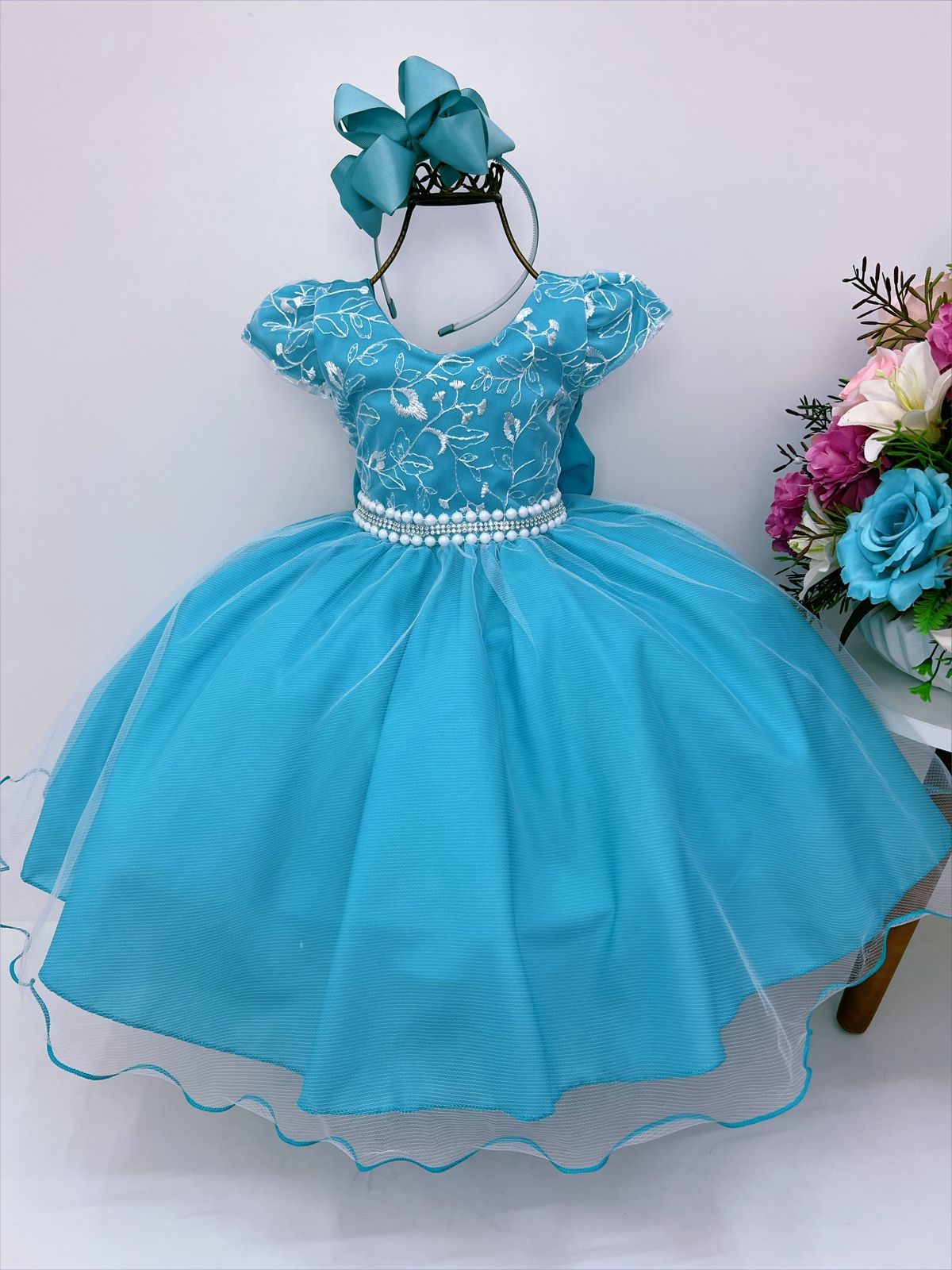 Vestido Infantil Azul Tiffany C/ Renda Cinto de Pérolas Luxo