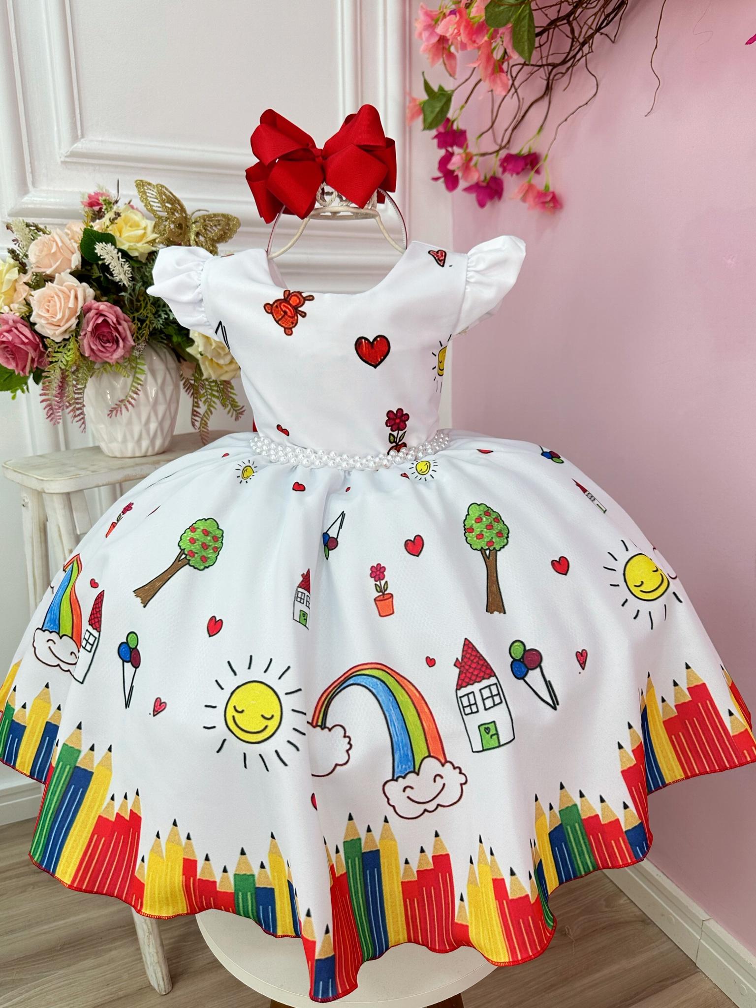 Vestido Infantil Branco Aquarela Com Cinto de Pérolas Luxo