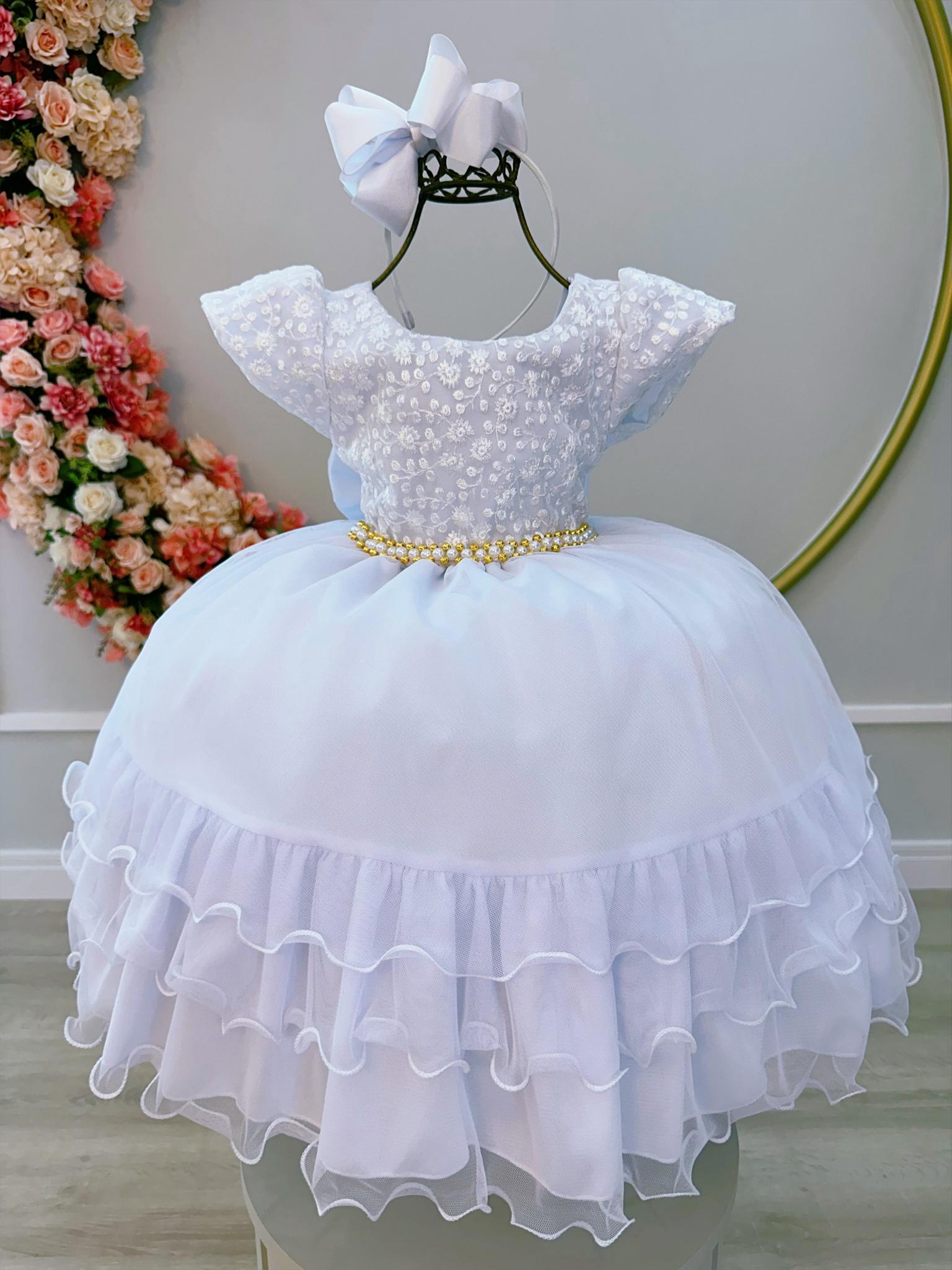Vestido Infantil Branco C/ Renda e Cinto de Pérolas Festas