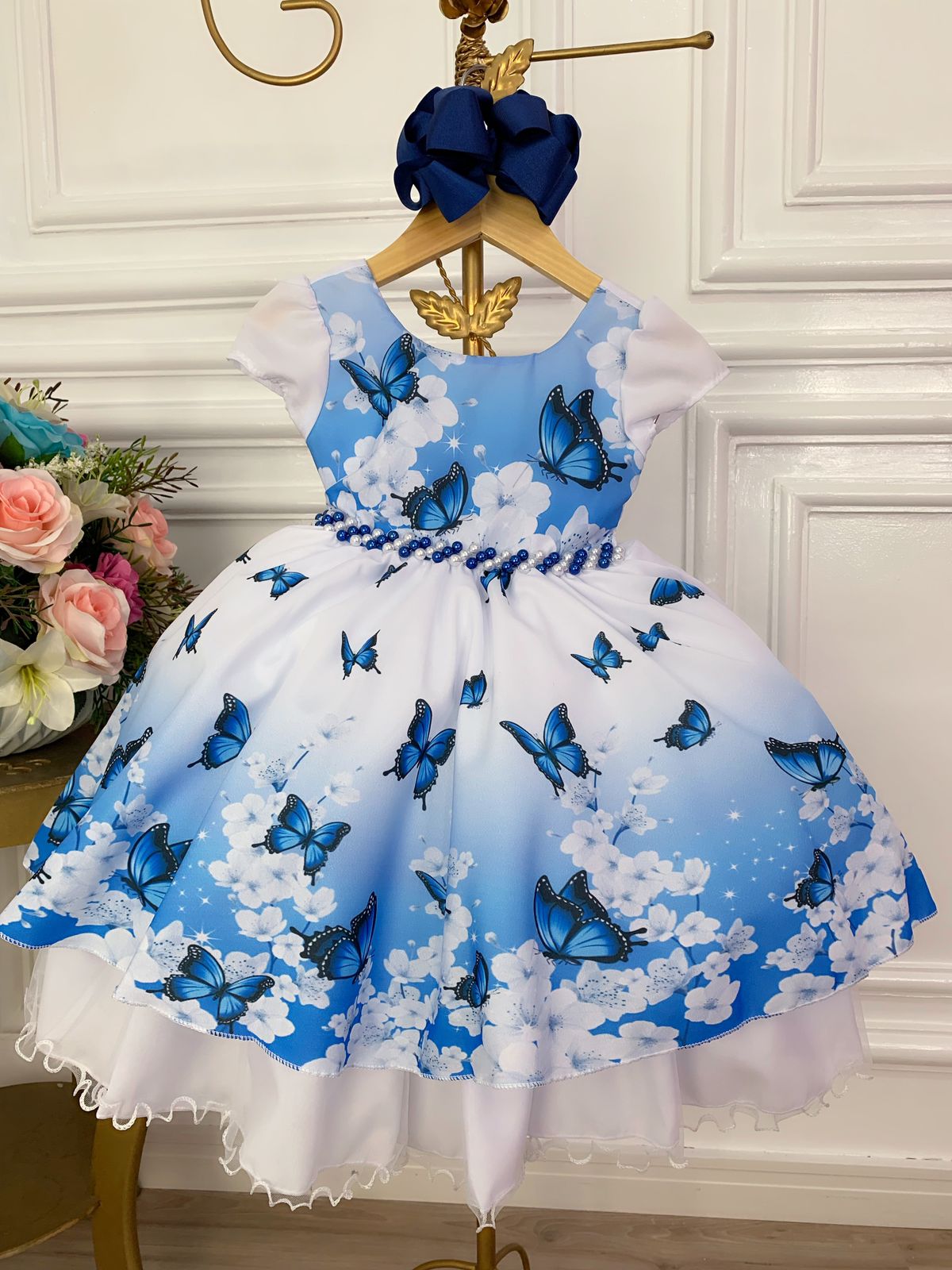 Vestido Infantil Branco e Azul Jardim das Borboletas Luxo