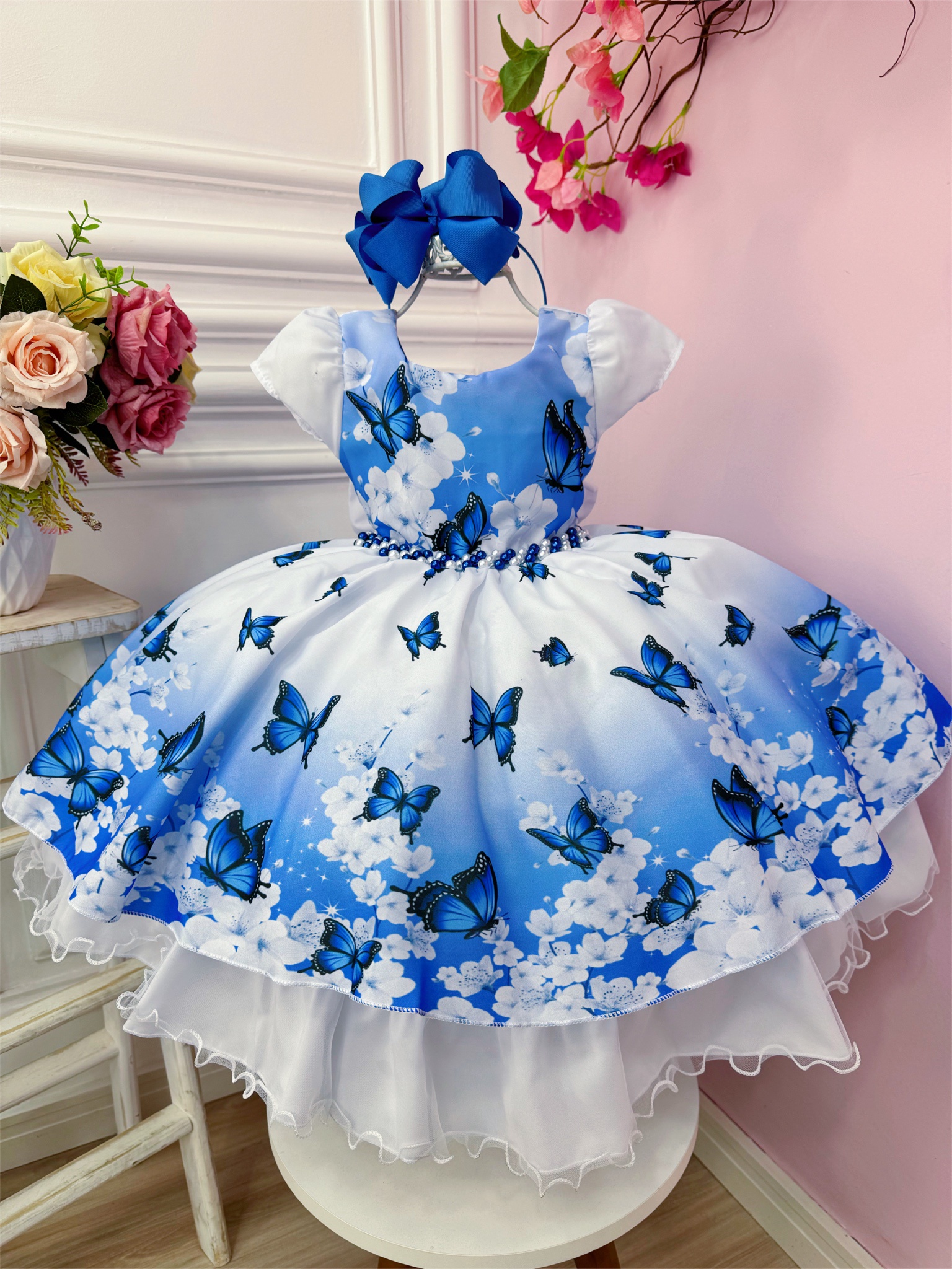 Vestido Infantil Branco e Azul Jardim das Borboletas Luxo