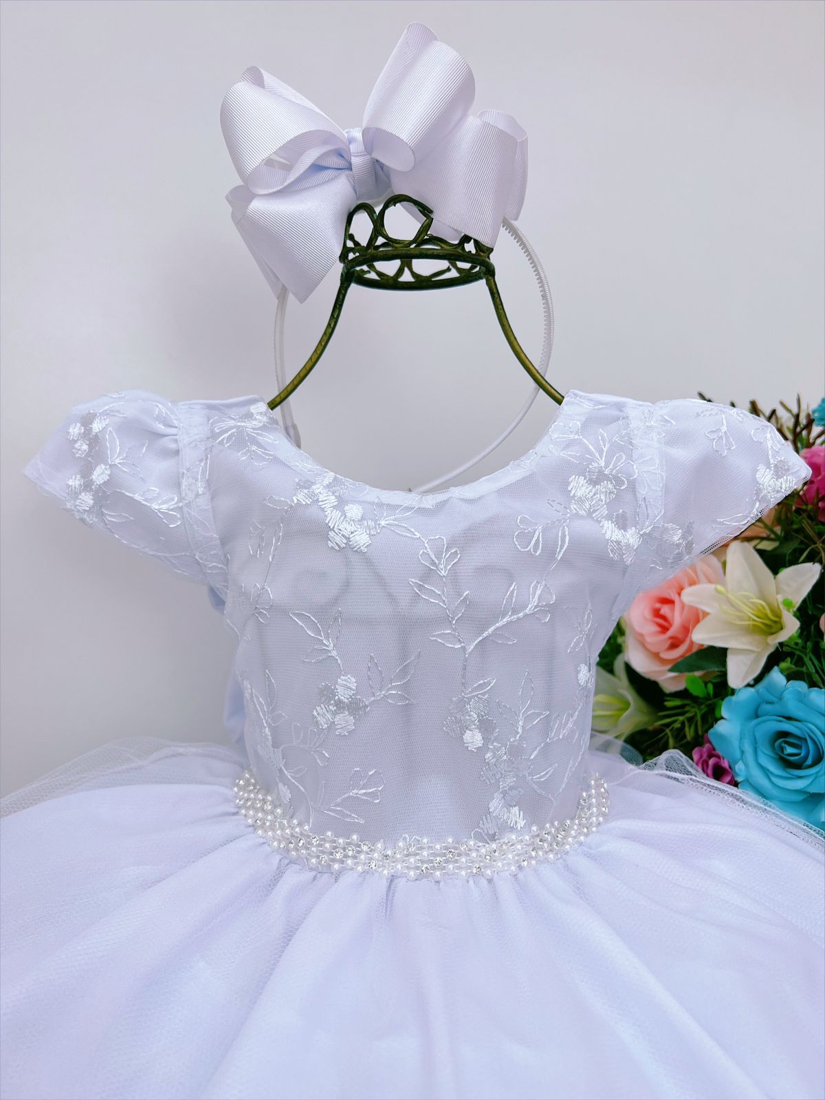 Vestido Infantil Rosa C/ Renda Strass e Pérolas Princesas