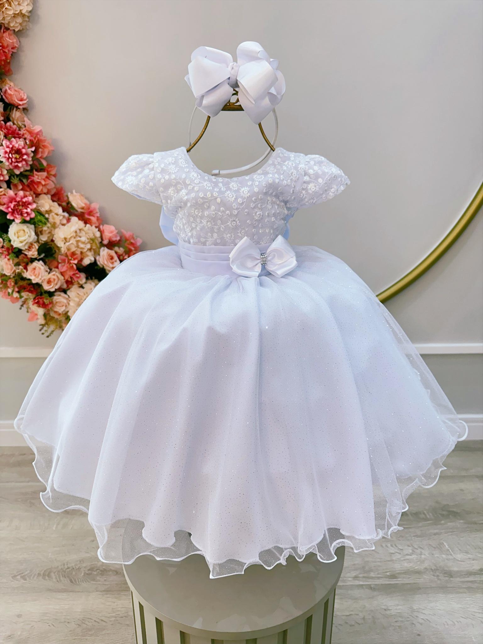 Vestido Infantil Branco Luxo C/ Busto e Cinto de Strass