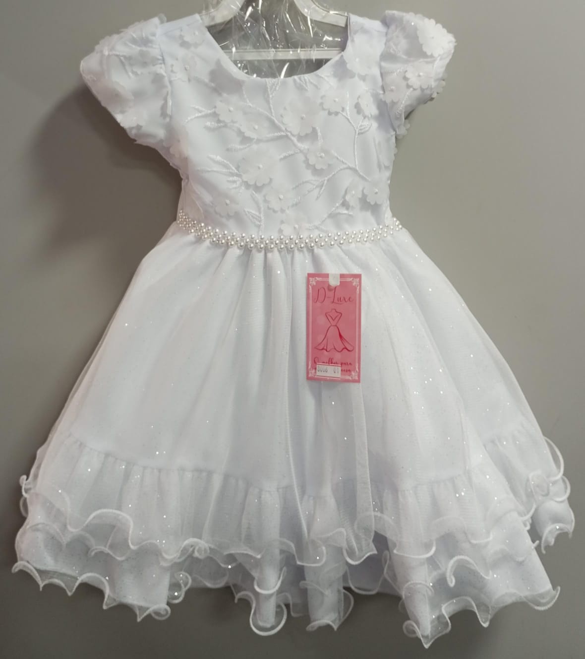 Vestido Infantil Branco Luxo C/ Renda e Aplique de Flores