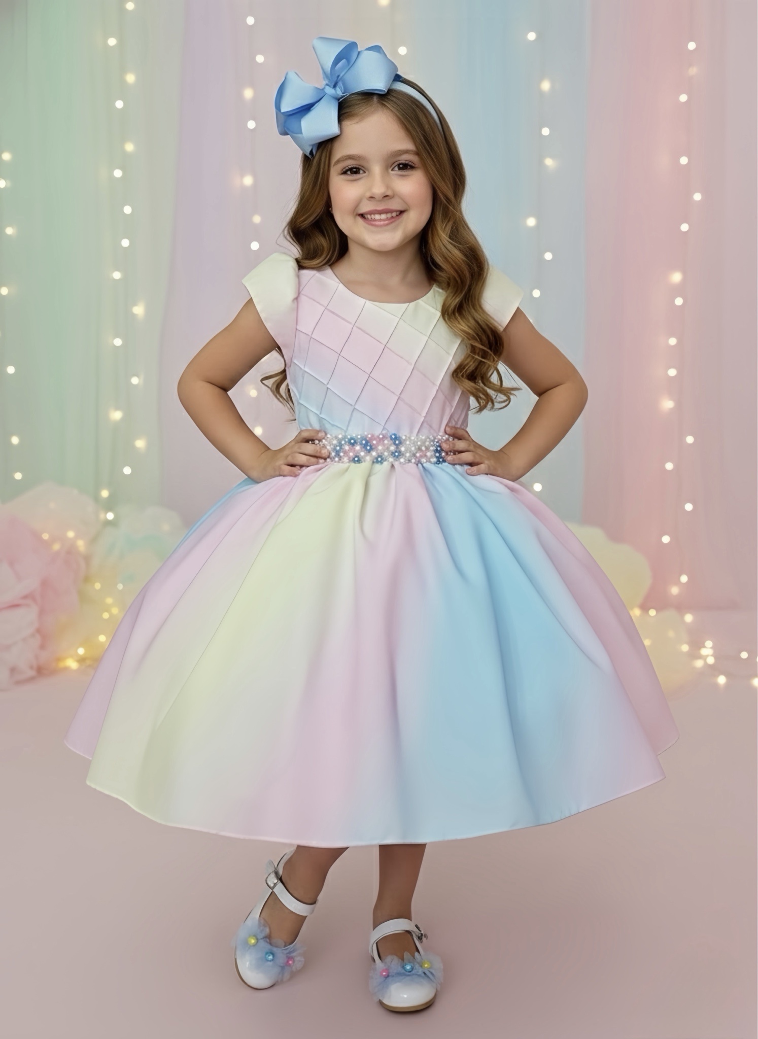 Vestido Infantil Chuva de Amor Colorido Circo Cinto Pérolas