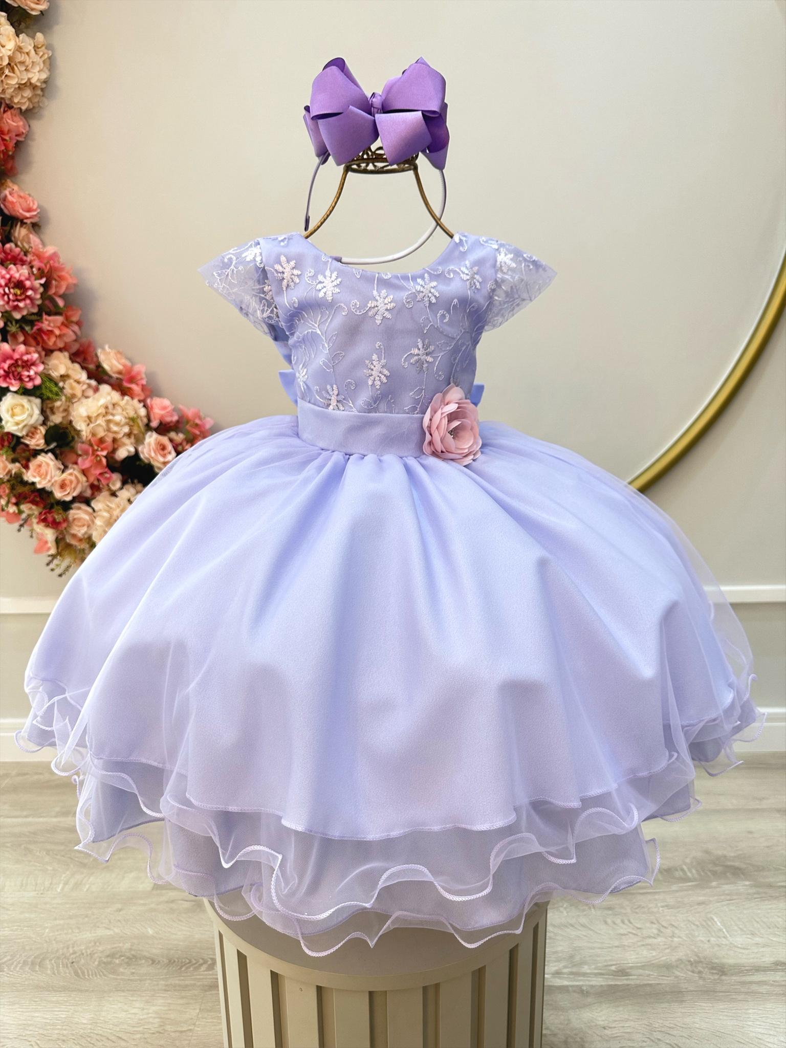 Vestido Infantil Lilás C/ Renda e Aplique de Flor Luxo
