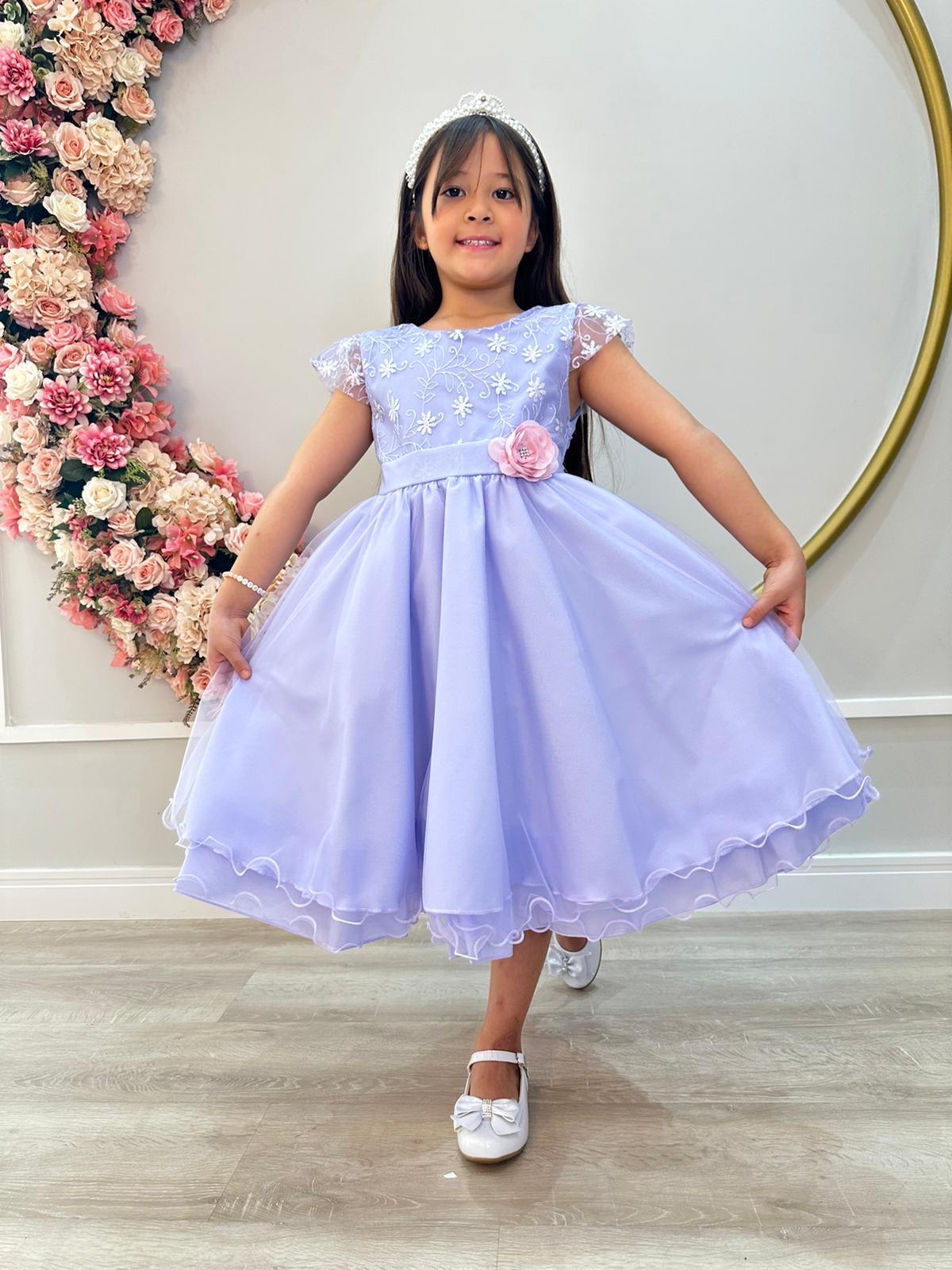 Vestido Infantil Lilás C/ Renda e Aplique de Flor Luxo