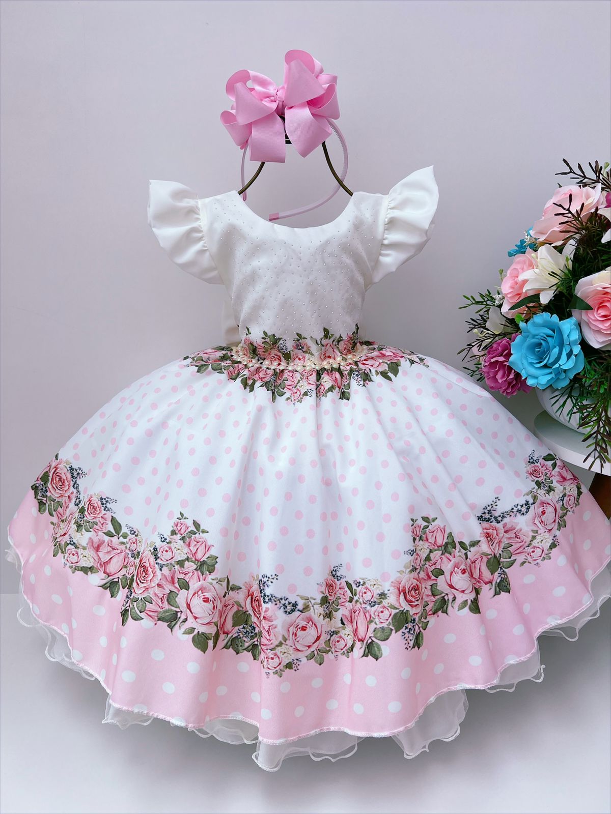 Vestido Infantil Off com Flores Rosa Luxo Pérolas