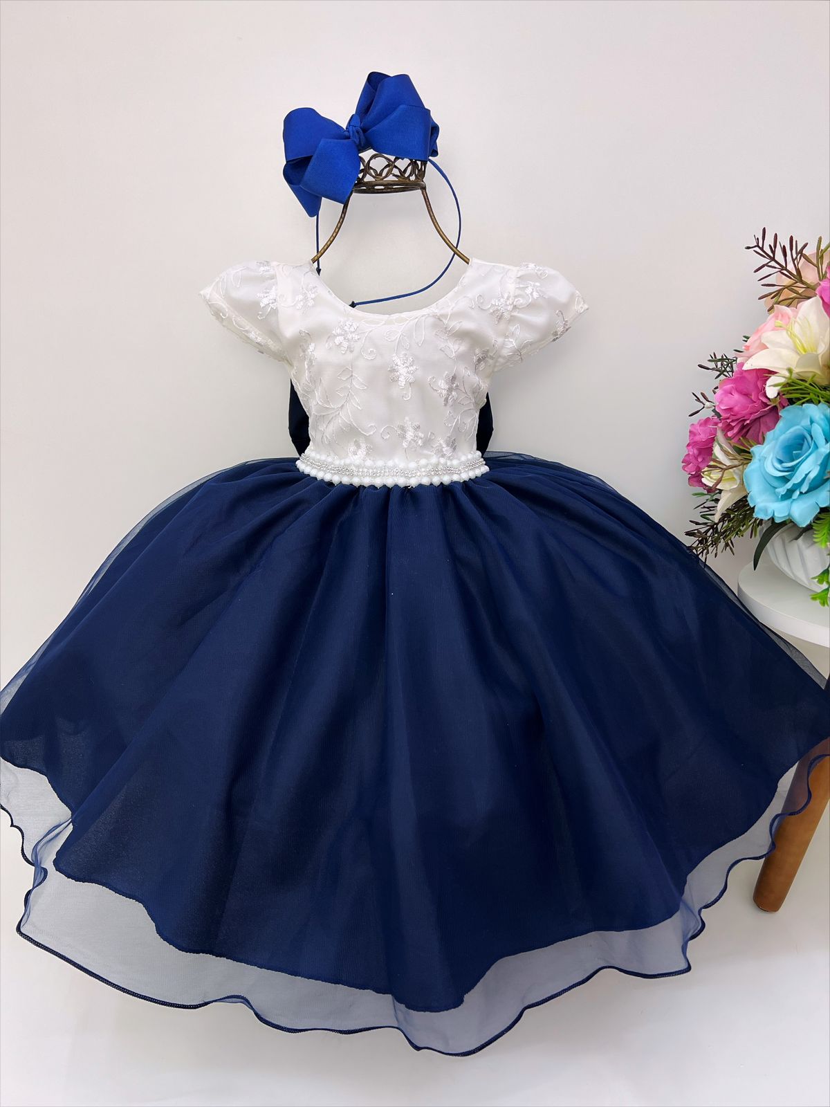 Vestido Infantil Off e Saia Azul Escuro Renda Pérolas Luxo
