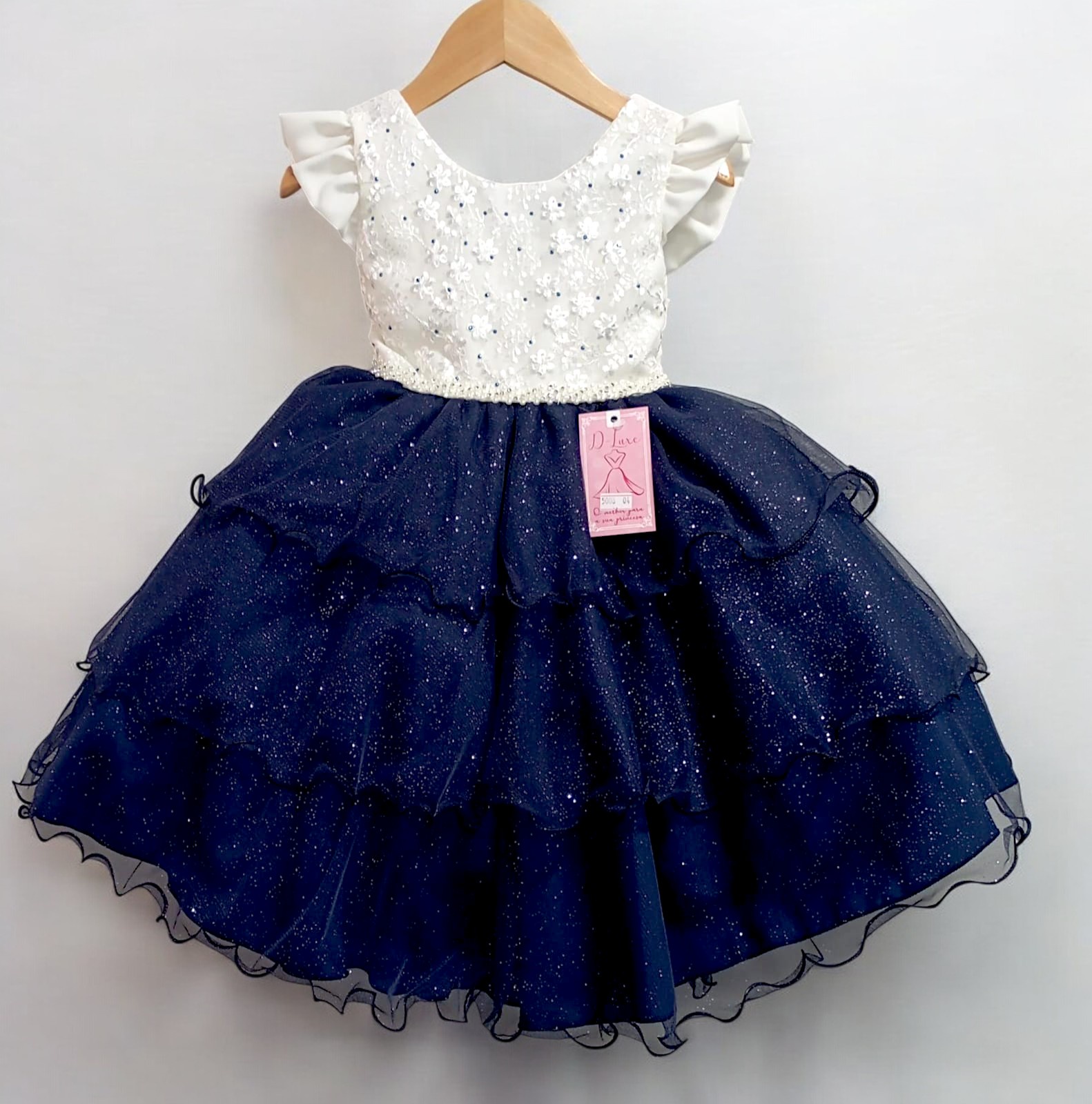 Vestido Infantil Off White C/ Renda e Glitter Strass Daminha