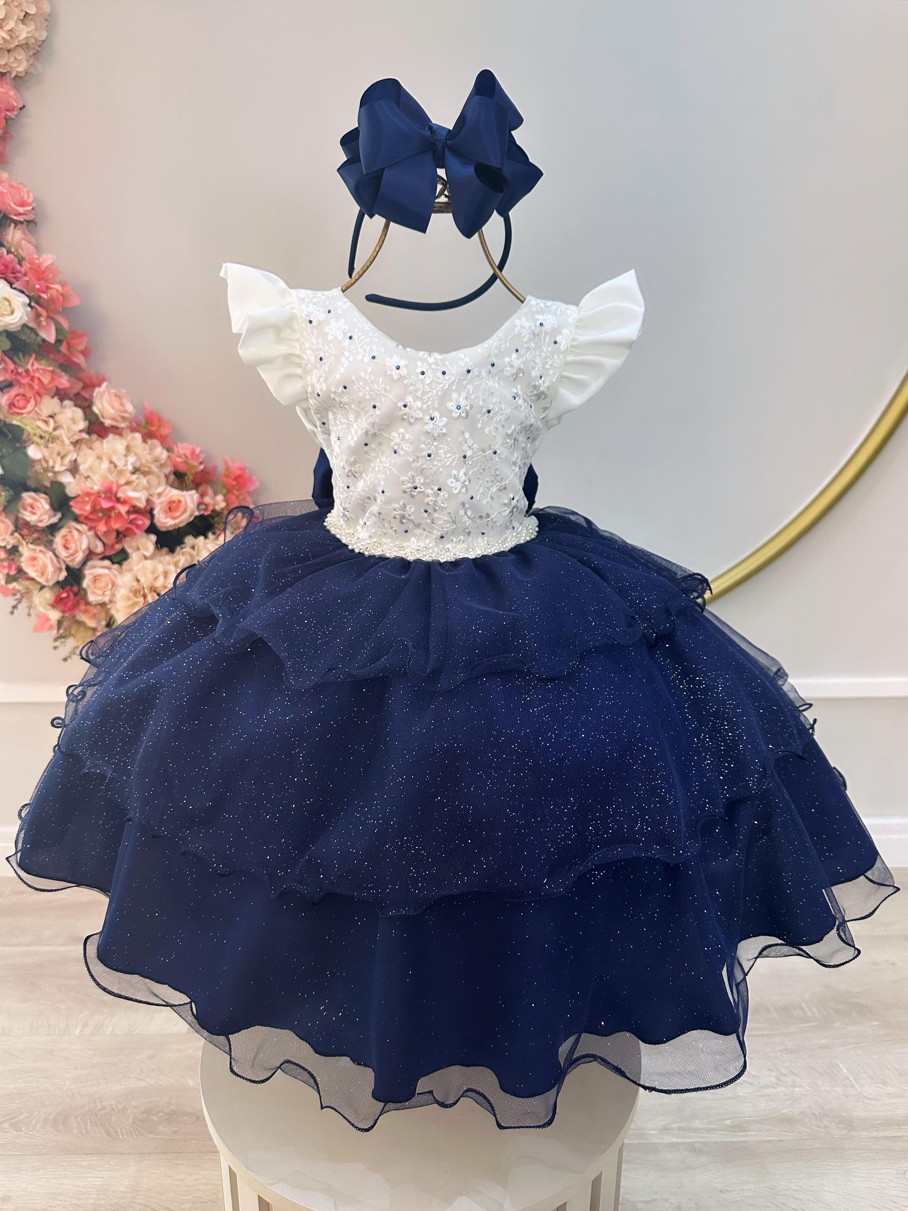 Vestido Infantil Off White C/ Renda e Glitter Strass Daminha