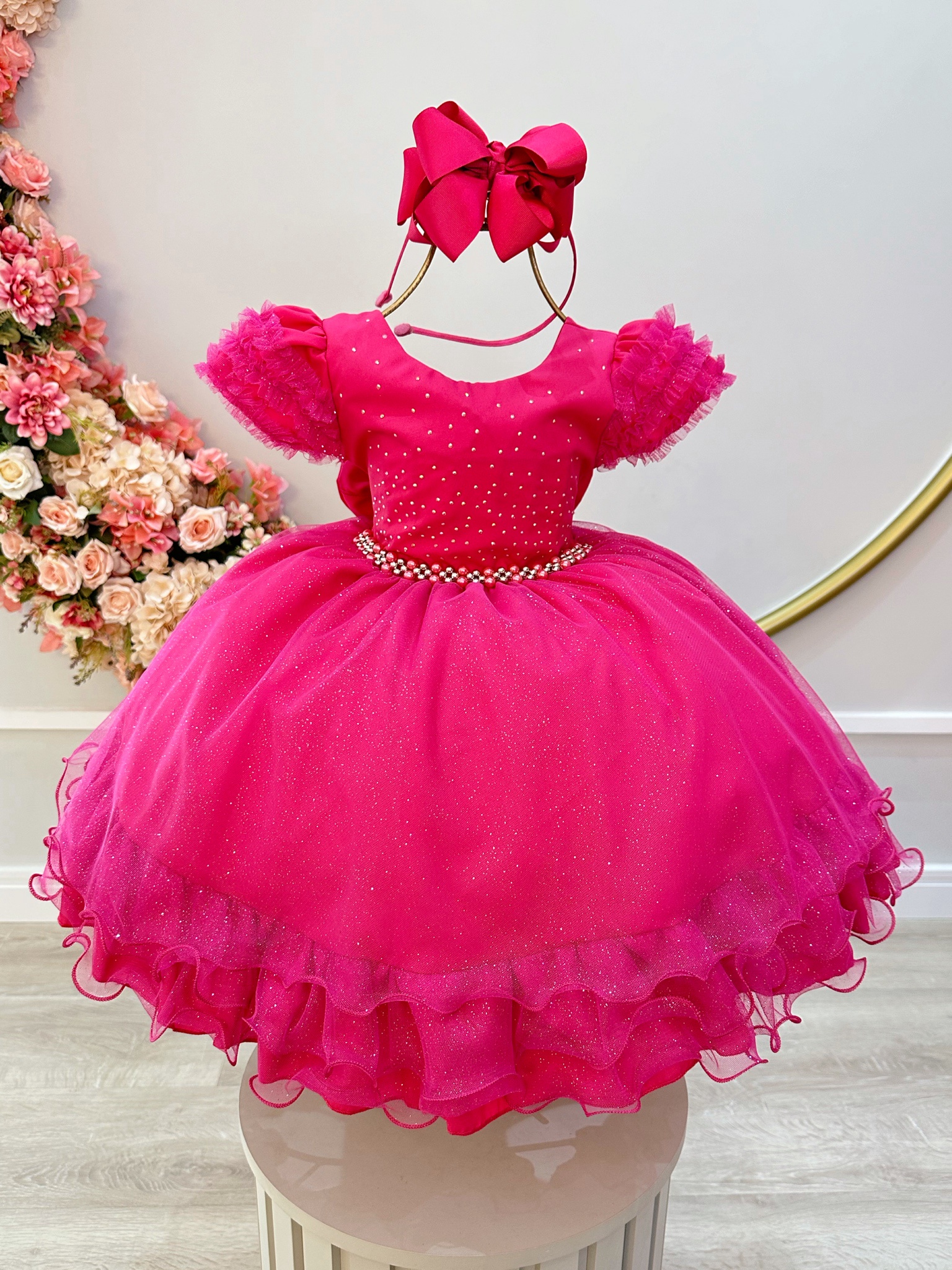 Vestido Infantil Pink C/ Busto Strass Saia Babados Glitter