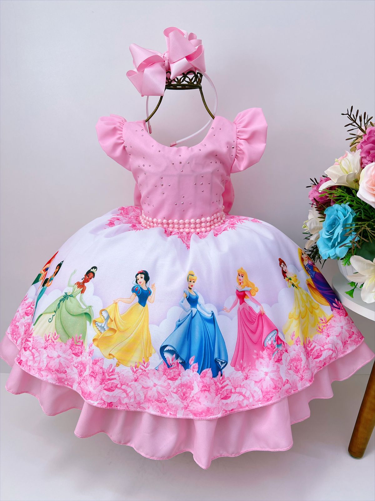 Vestido Infantil Princesas Rosa Floral Luxo