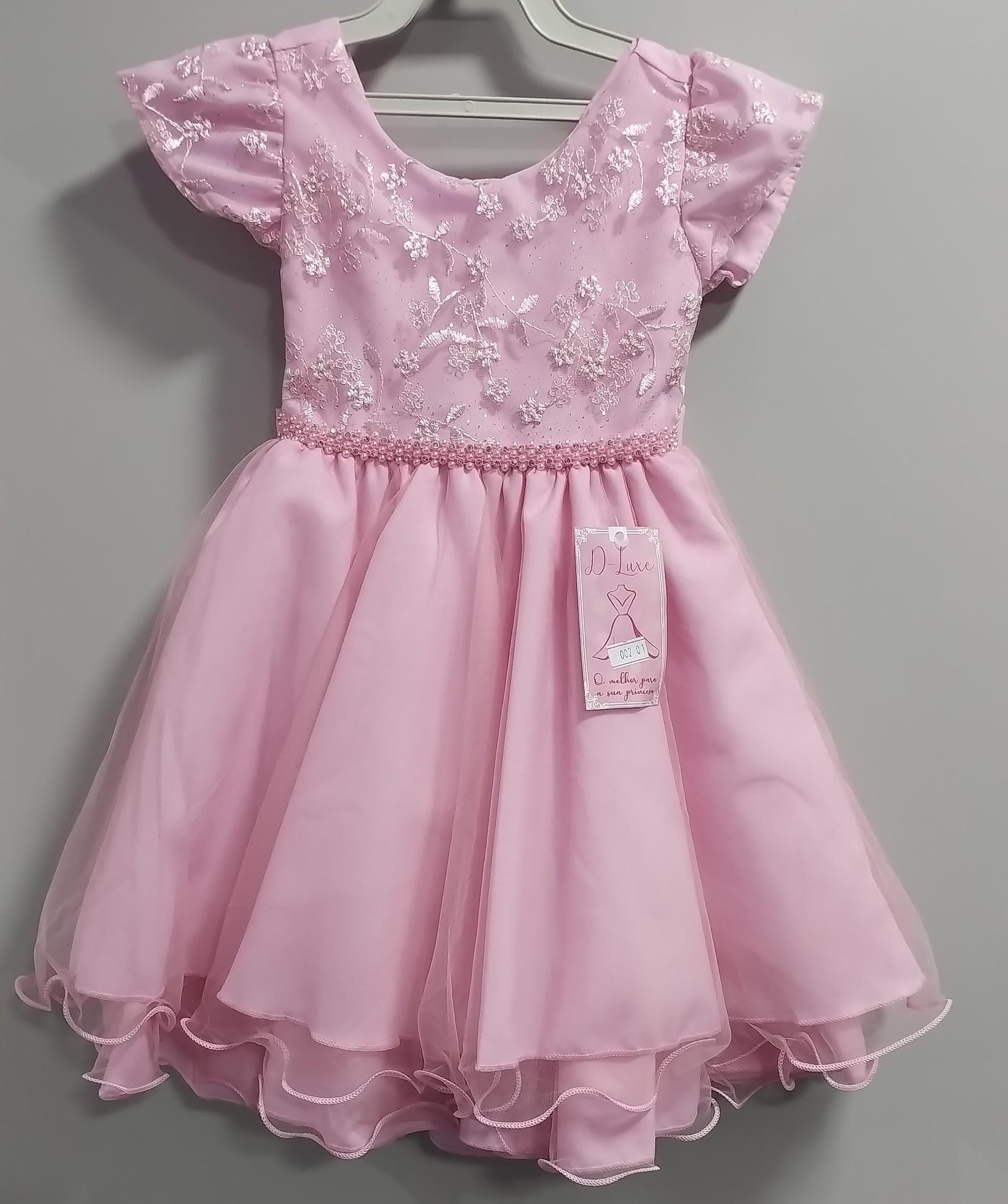 Vestido Infantil Rosa Bebê C/ Renda e C/ Pérolas Festas