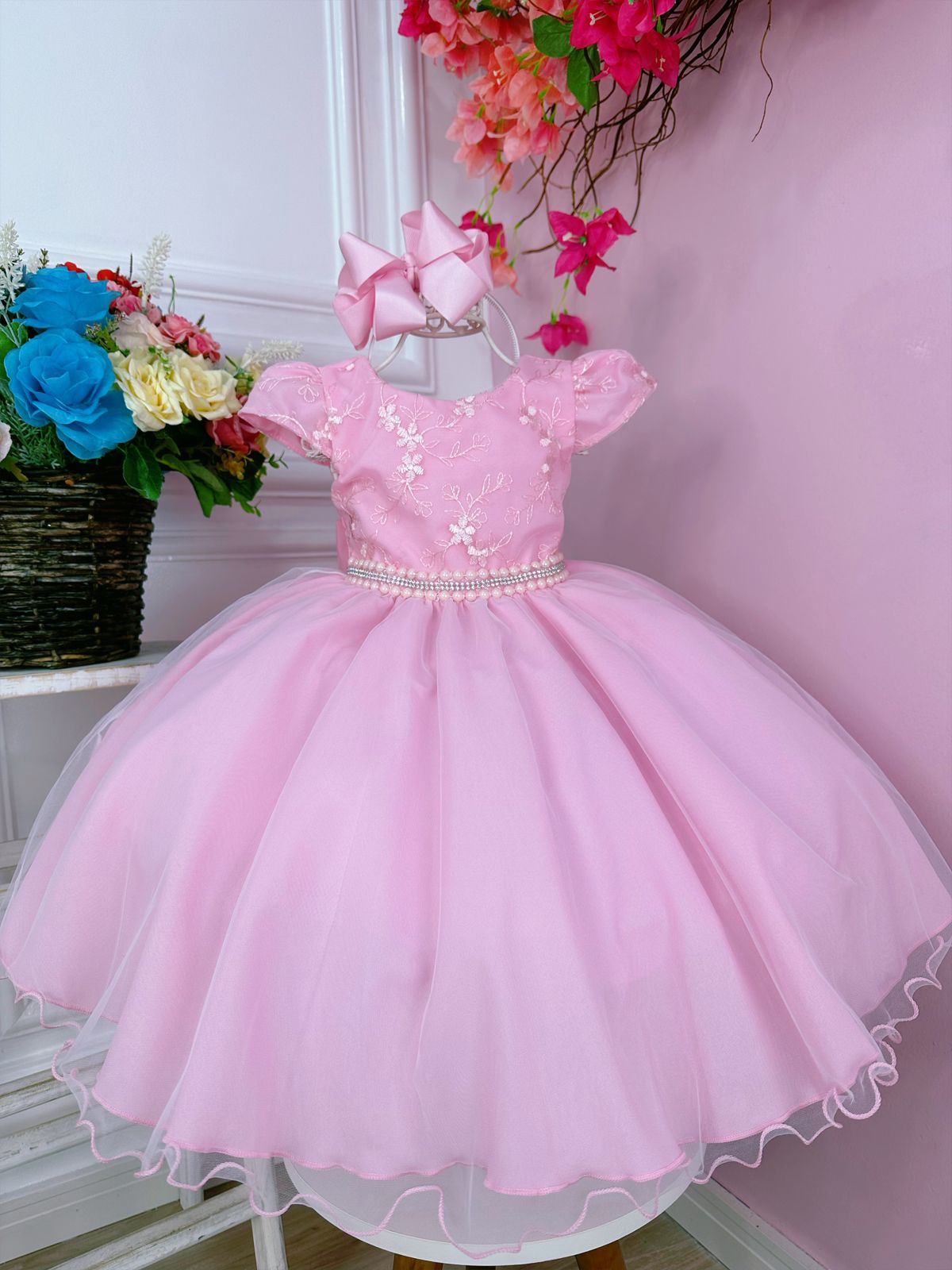 Vestido Infantil Rosa C/ Cinto de Pérolas Strass Luxo