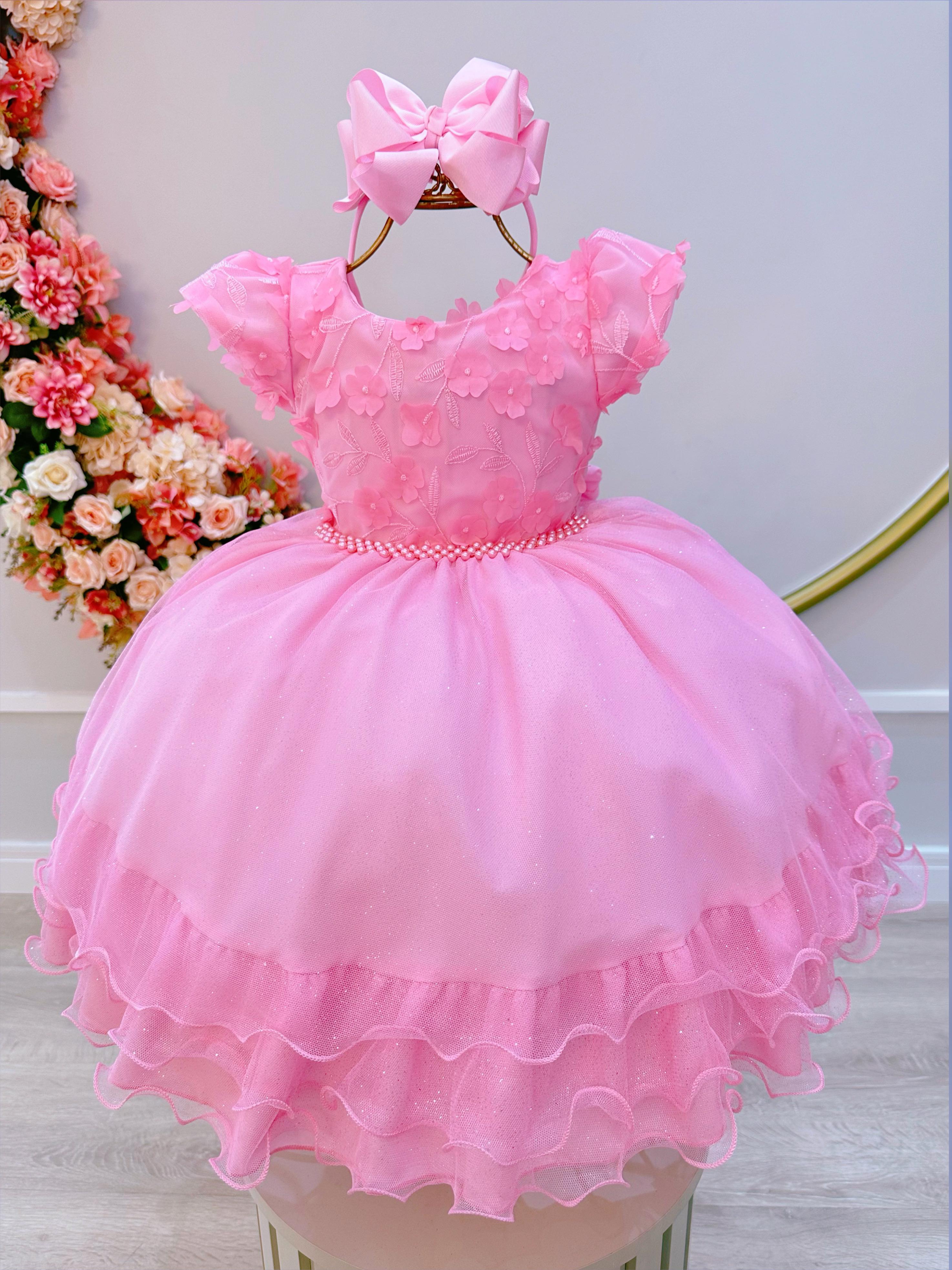 Vestido Infantil Rosa C/ Renda e Aplique de Flores Luxo