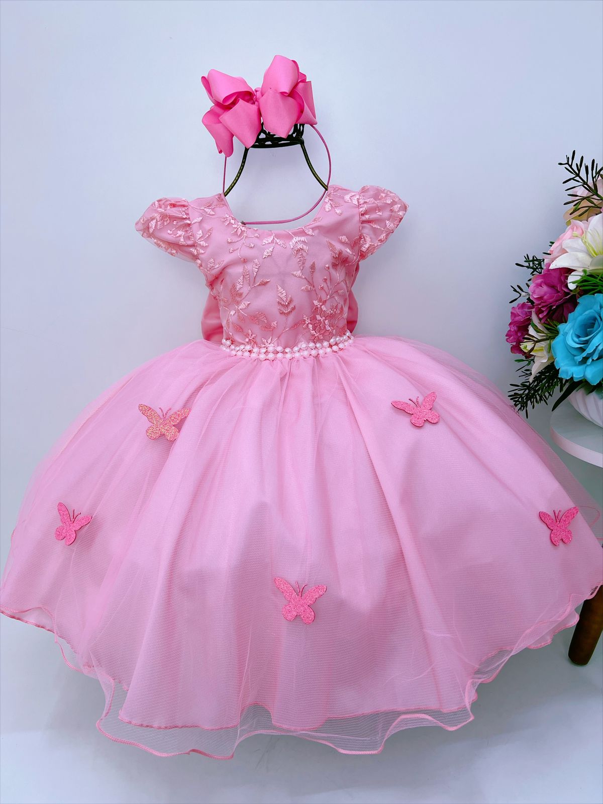 Vestido Infantil Rosa C/ Renda e Borboletas e Pérolas Luxo