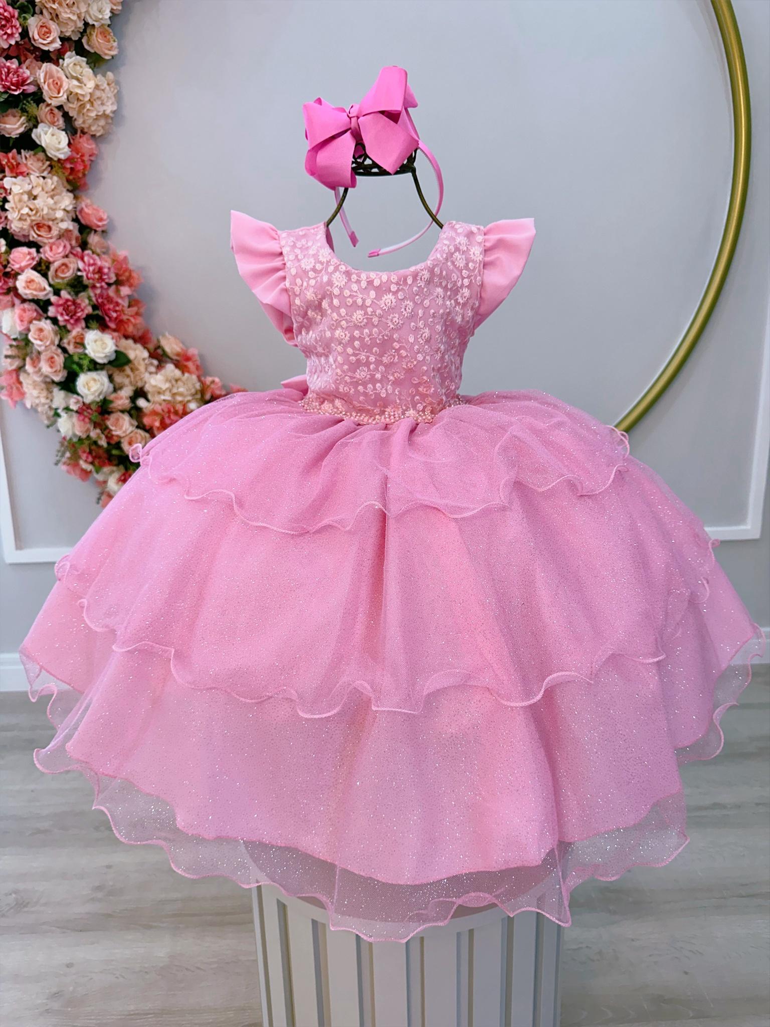 Vestido Infantil Rosa C/ Renda e Glitter Cinto Strass Festas