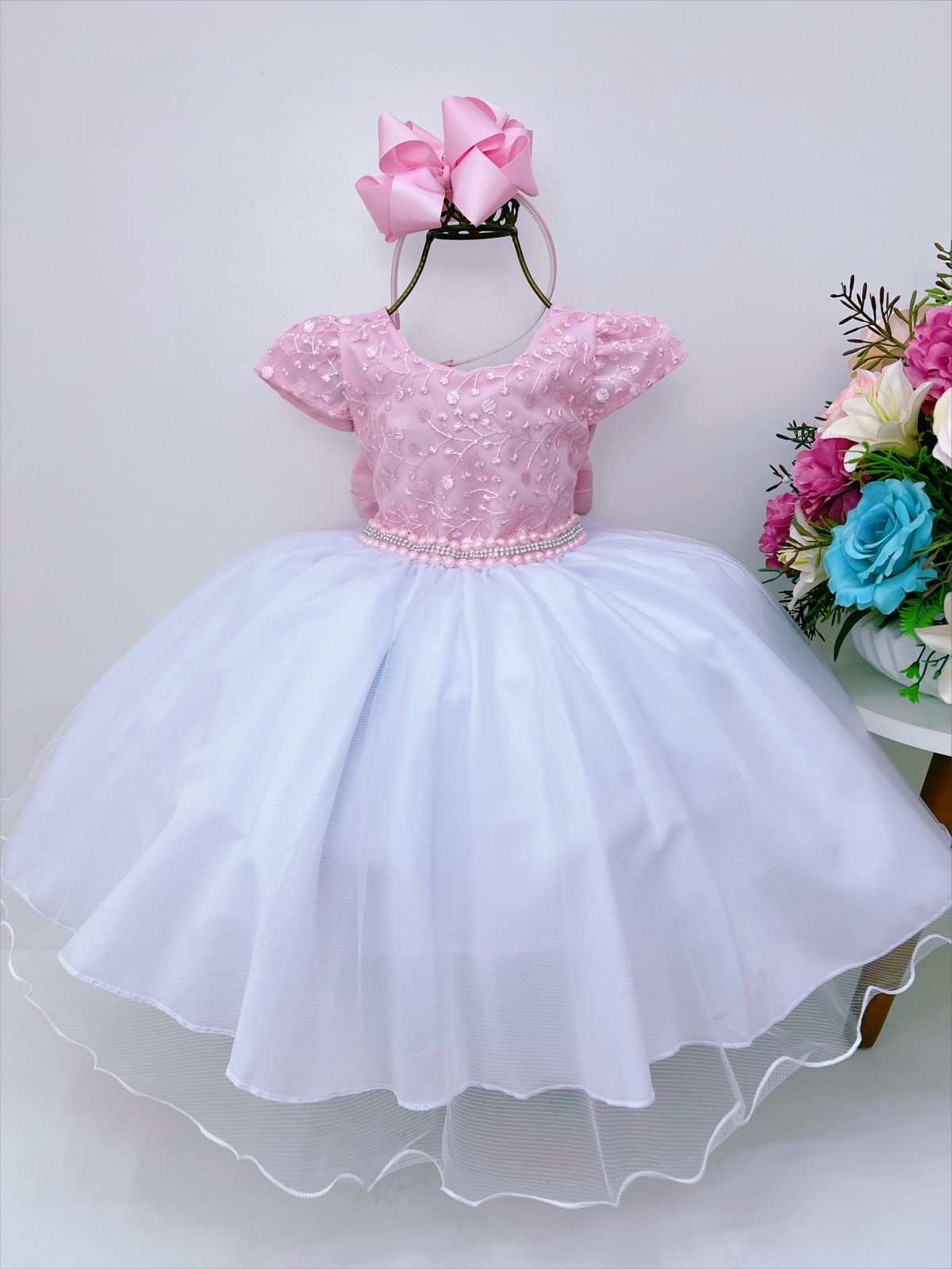 Vestido Infantil Rosa C/ Renda e Saia Branca Cinto Pérolas