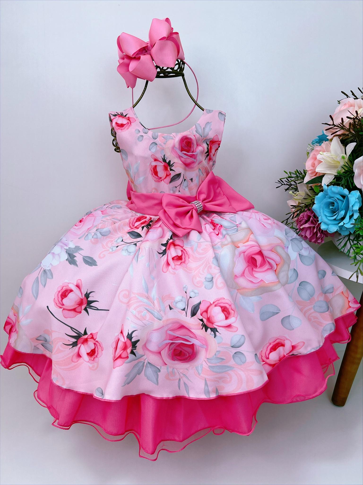 Vestido Infantil Rosa Florido Strass Princesas