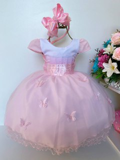 Vestido Infantil Rosa Luxo Borboletas Princesas