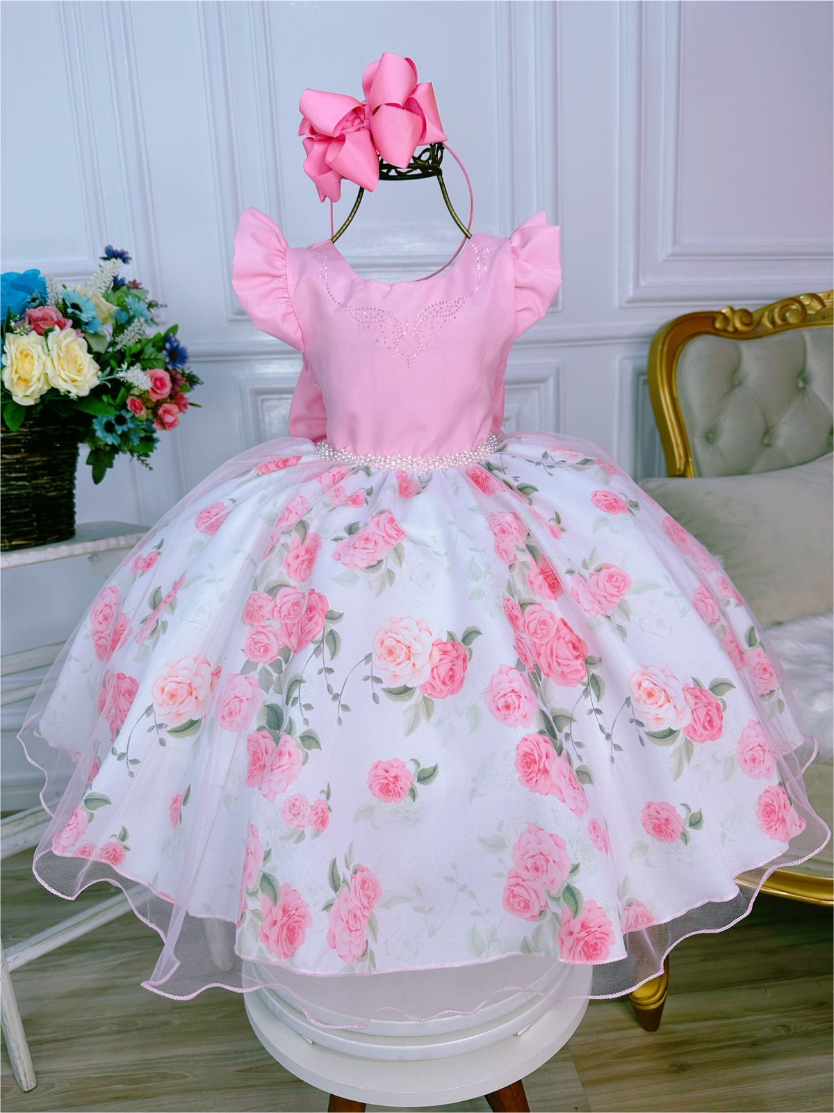 Vestido Infantil Rosa Peito e Cinto Strass Jardim das Rosas