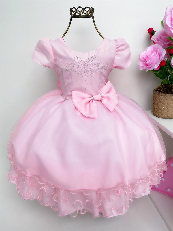 Vestido Infantil Rosa Princesas Luxo Strass e Babados