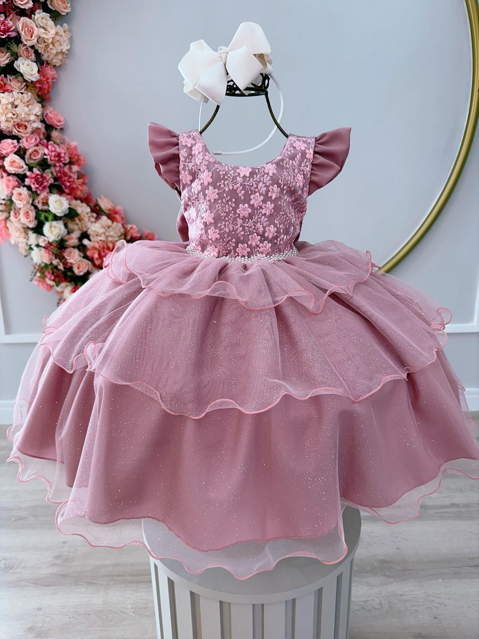 Vestido Infantil Rose C/ Renda e Glitter Strass Festas