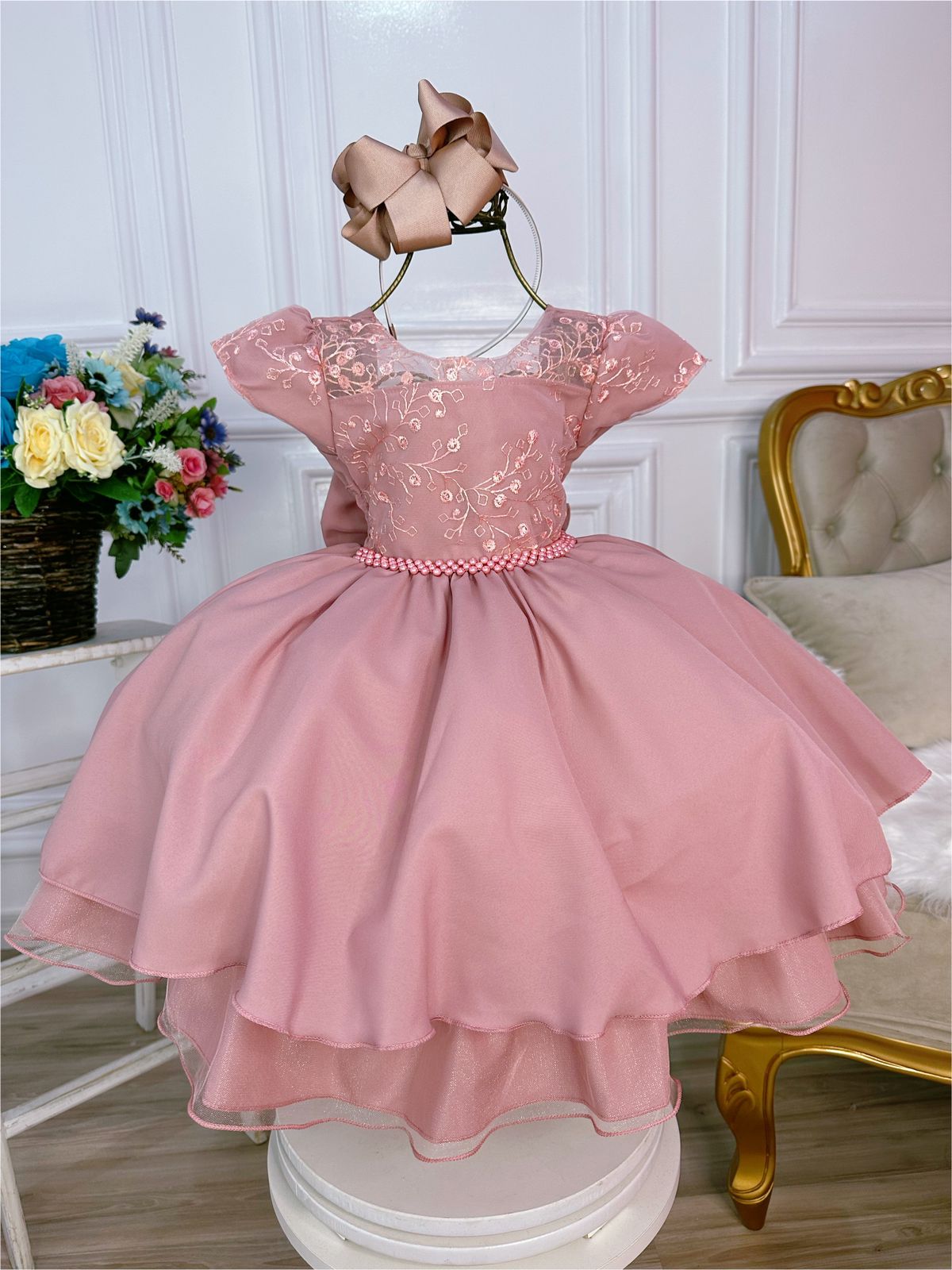 Vestido Infantil Rose e Renda Com Pérolas Luxo