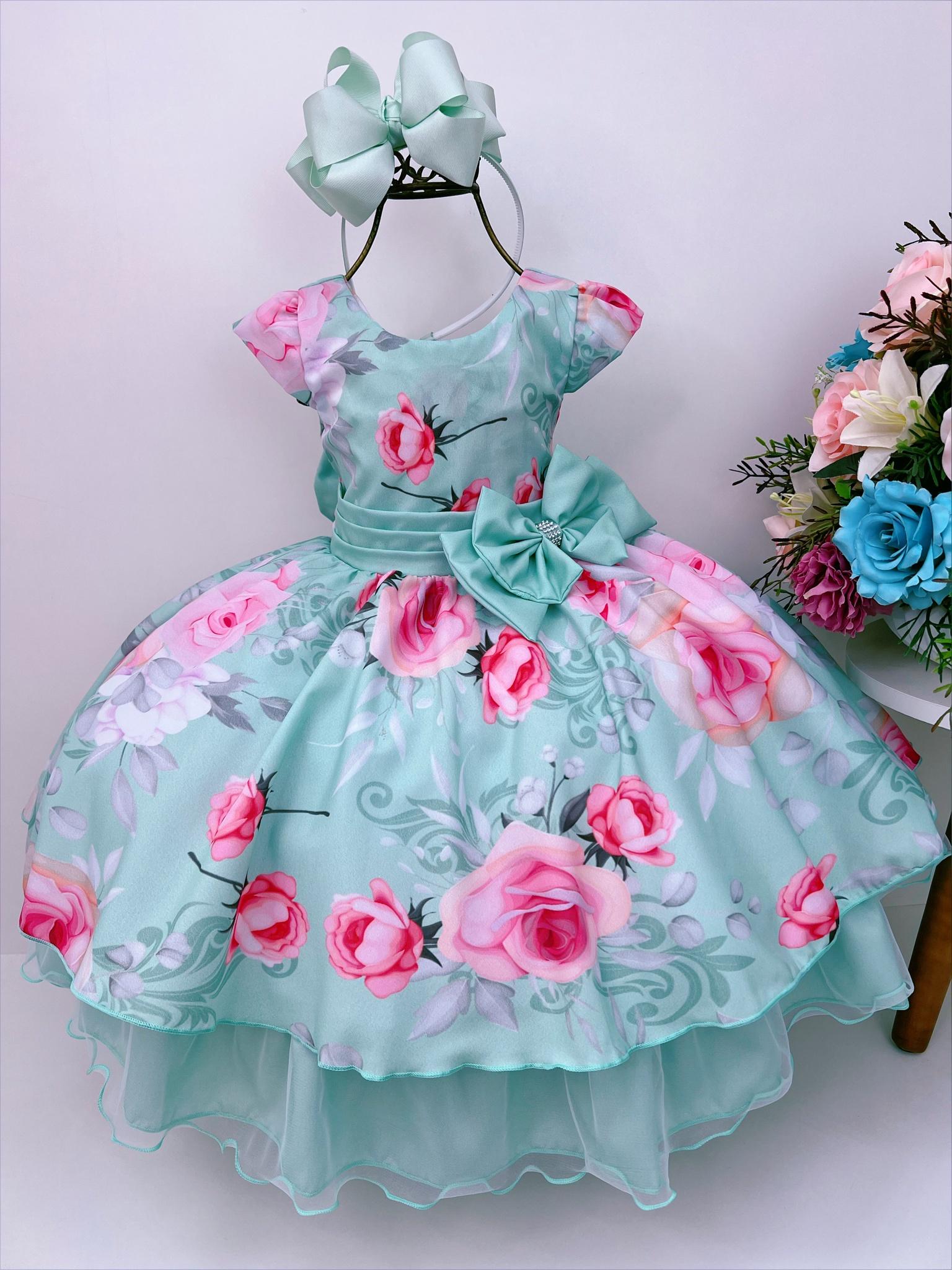 Vestido Infantil Verde Florido e Laço C/ Strass Luxo
