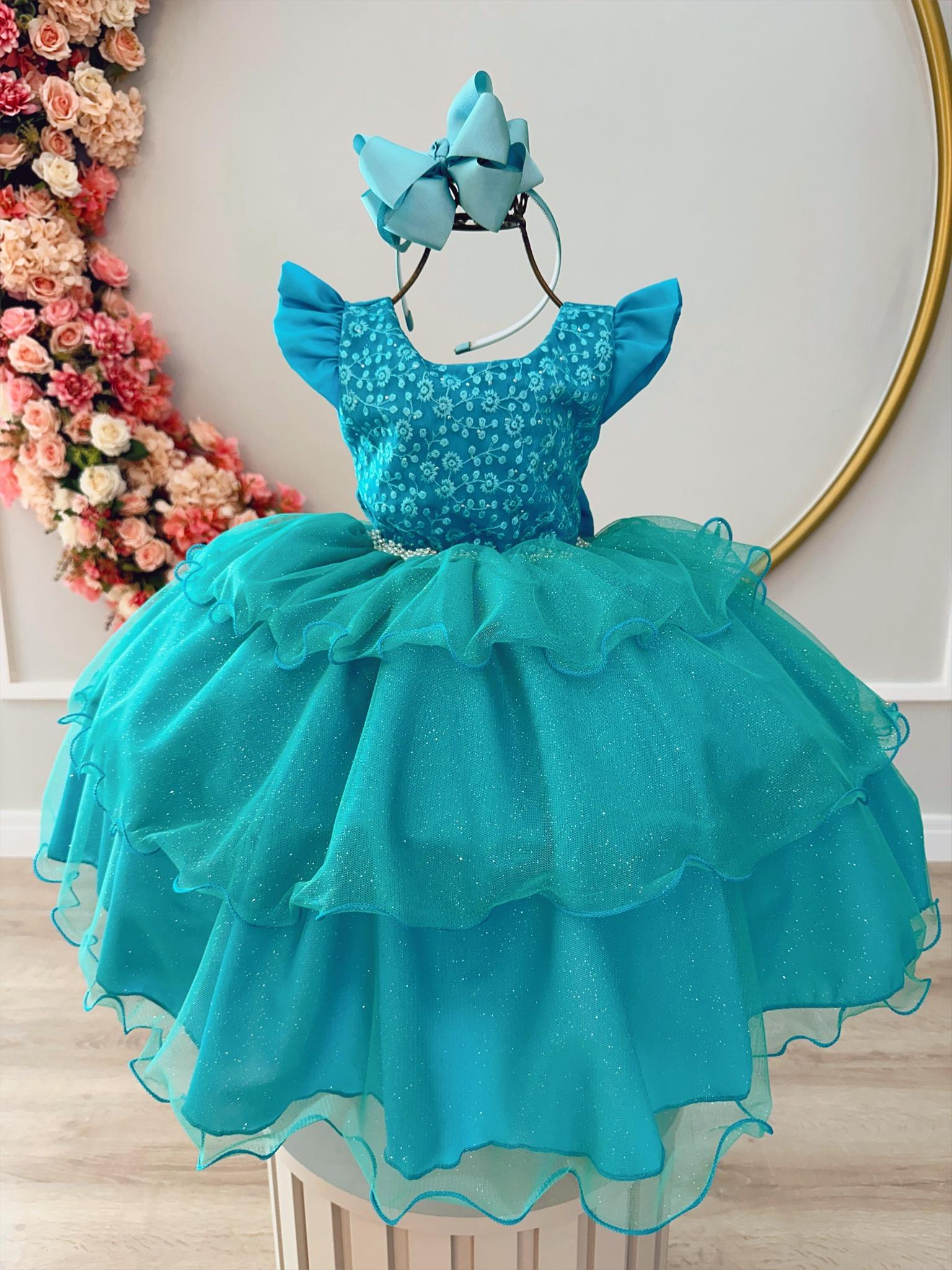 Vestido Infantil Verde Tiffany C/ Renda Glitter Strass Festas