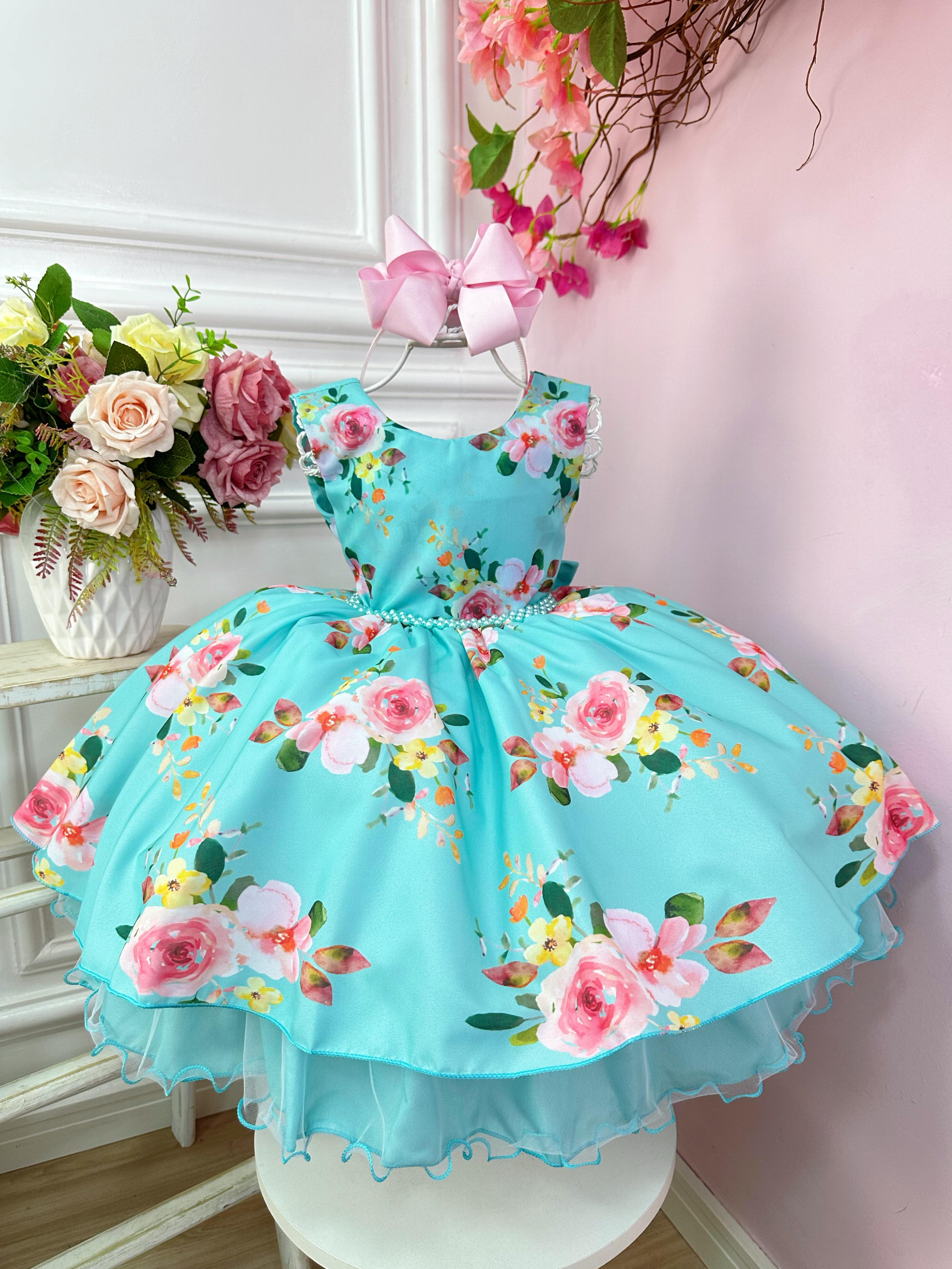 Vestido Infantil Verde Florido C/ Cinto de Pérolas