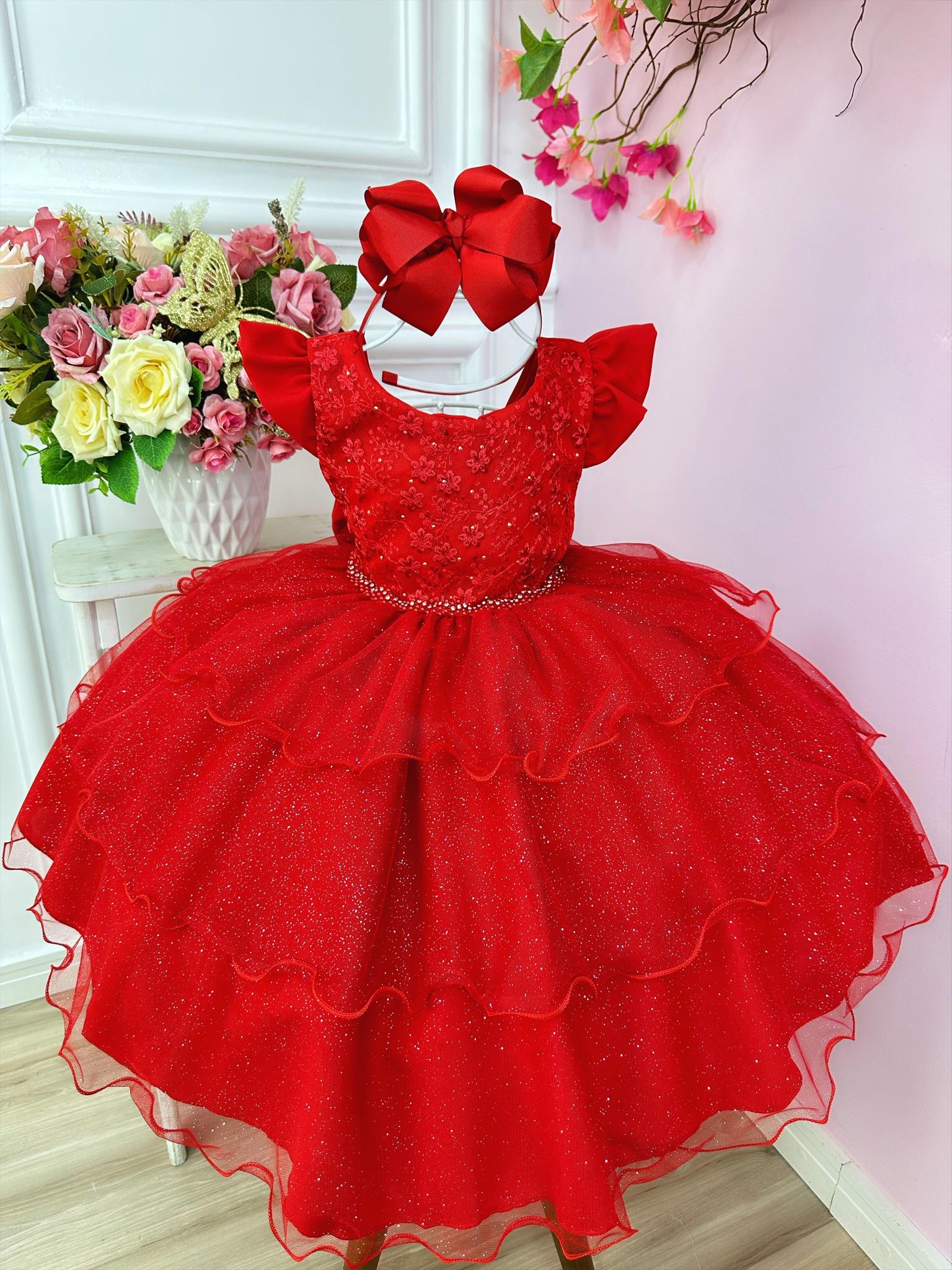 Vestido Infantil Vermelho C/ Renda e Glitter Strass Festas