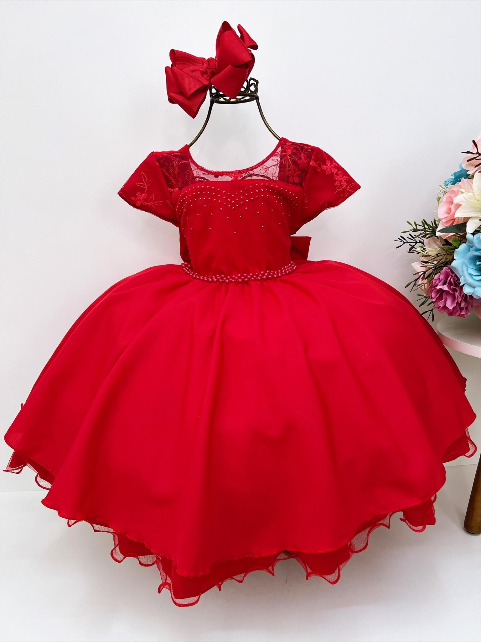 Vestido Infantil Vermelho C/ Renda Strass Pérolas Luxo