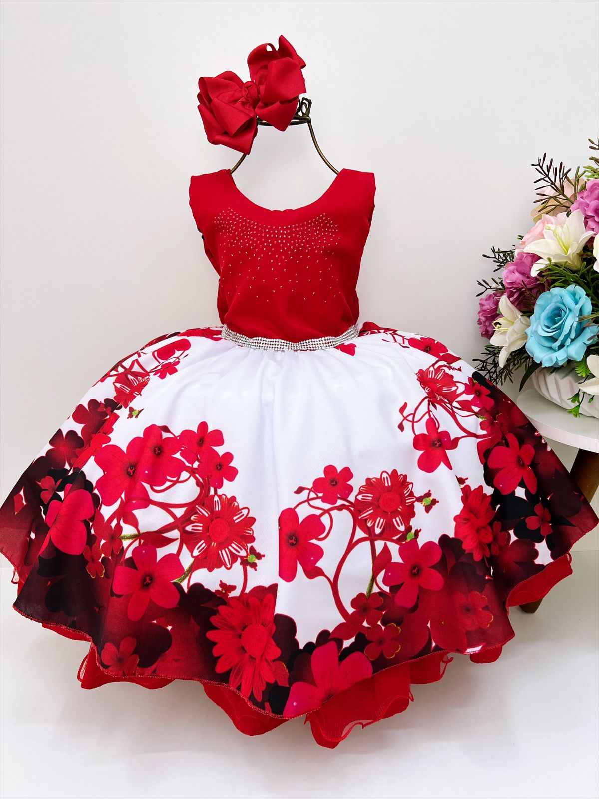 Vestido Infantil Vermelho Florido C/ Cinto Pérolas Luxo