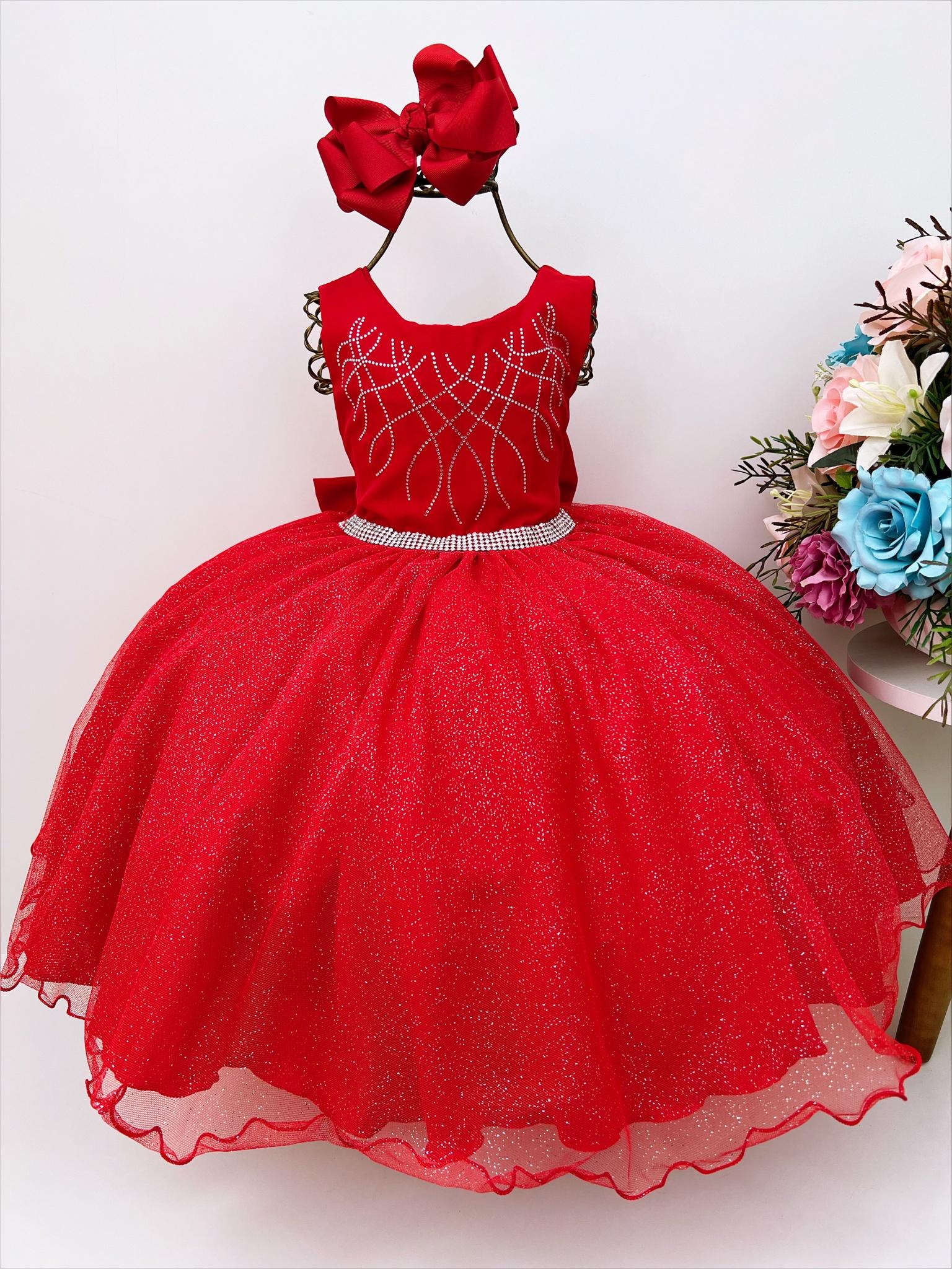 Vestido Infantil Vermelho Peito Cinto C/ Strass Glitter