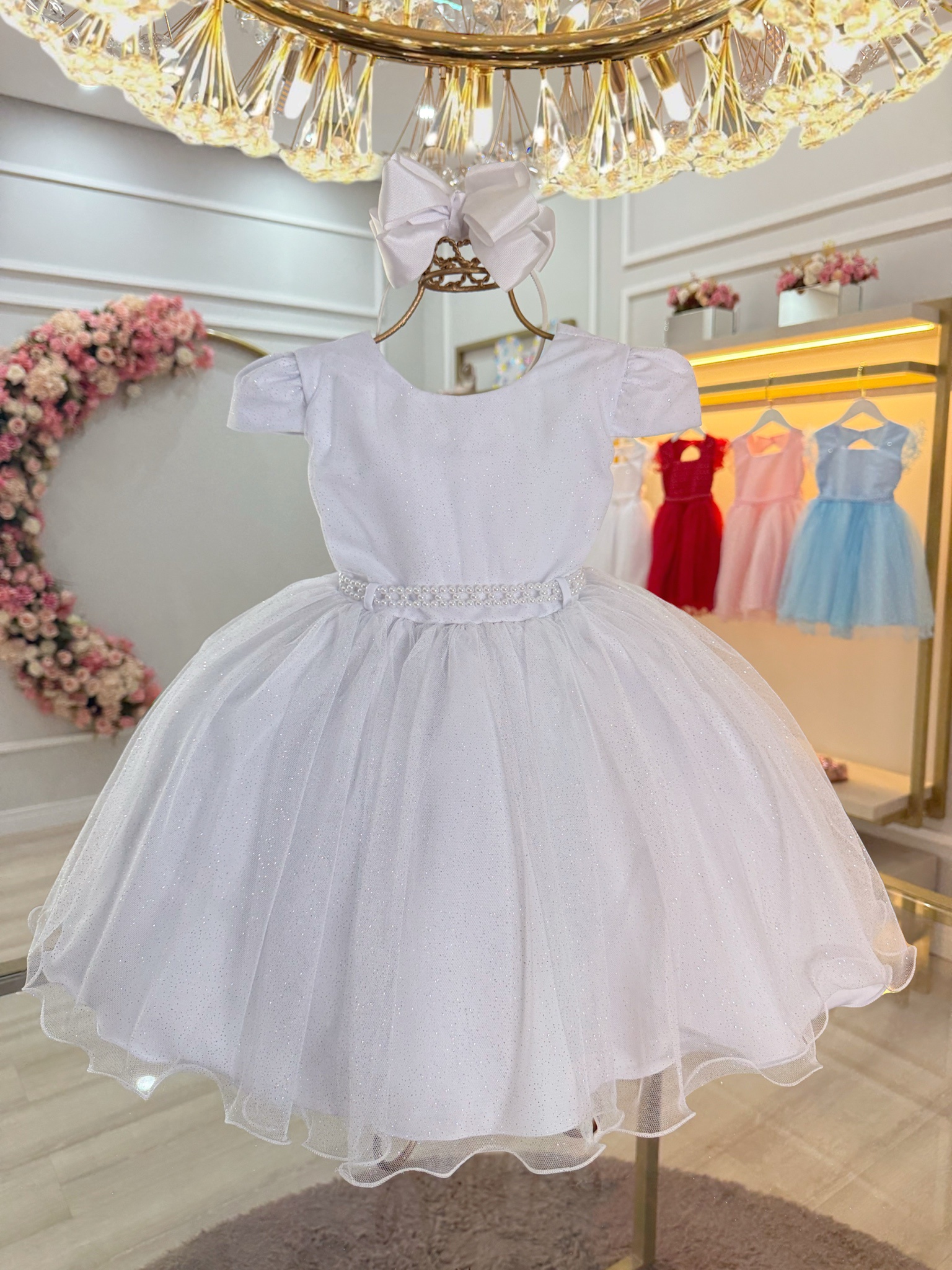 Vestido Infantil Branco Cinto de Pérolas Batizado Festas