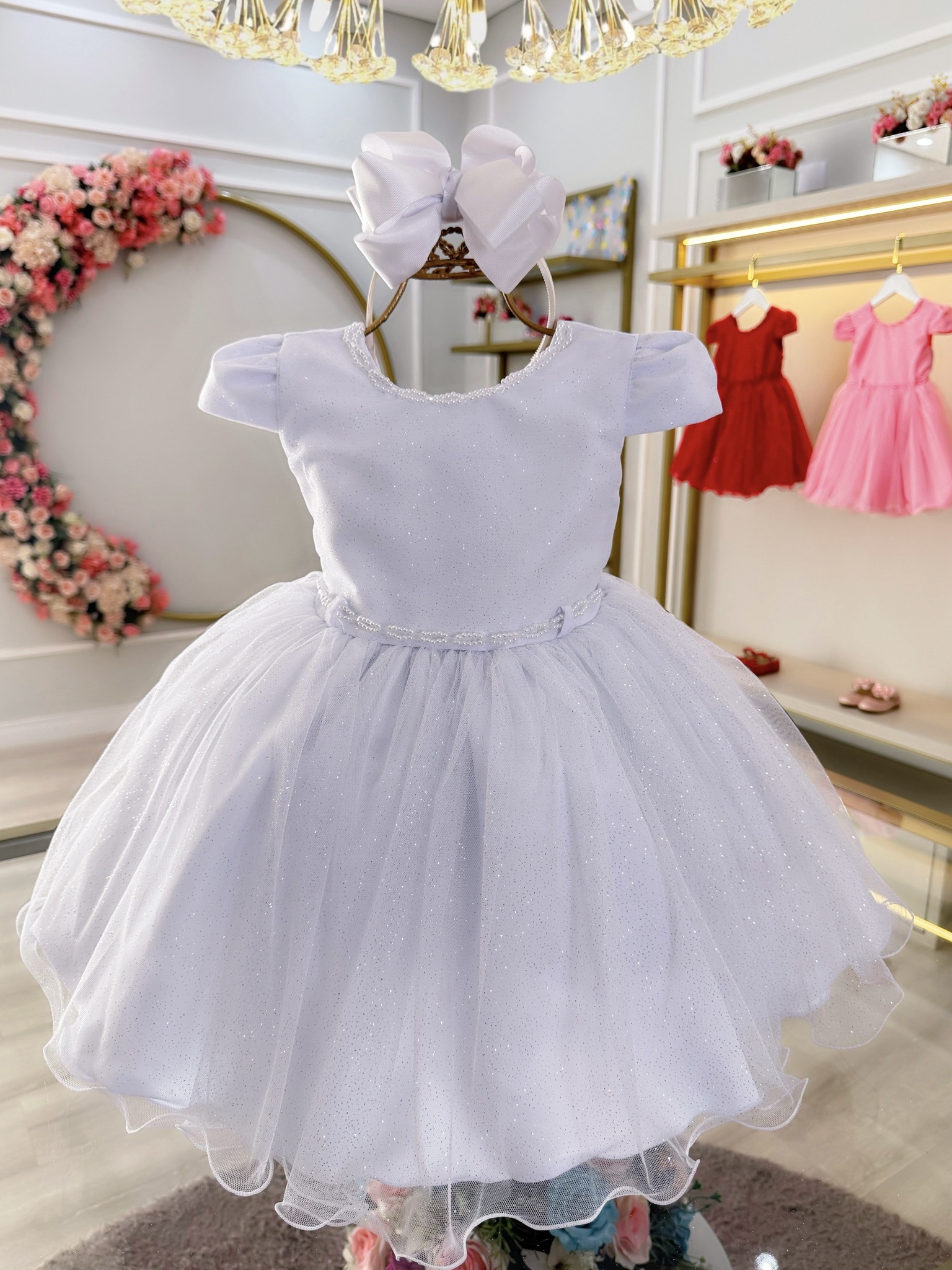 Vestido Infantil Branco Luxo Pérolas Glitter Daminhas Festas