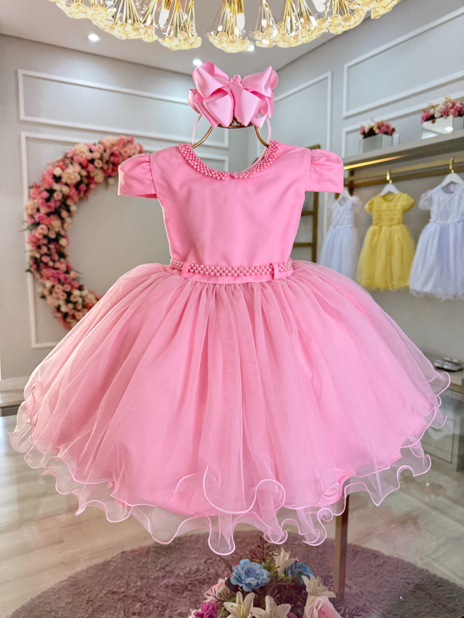 Vestido Infantil Rosa Luxo C/ Pérolas Daminha Festas